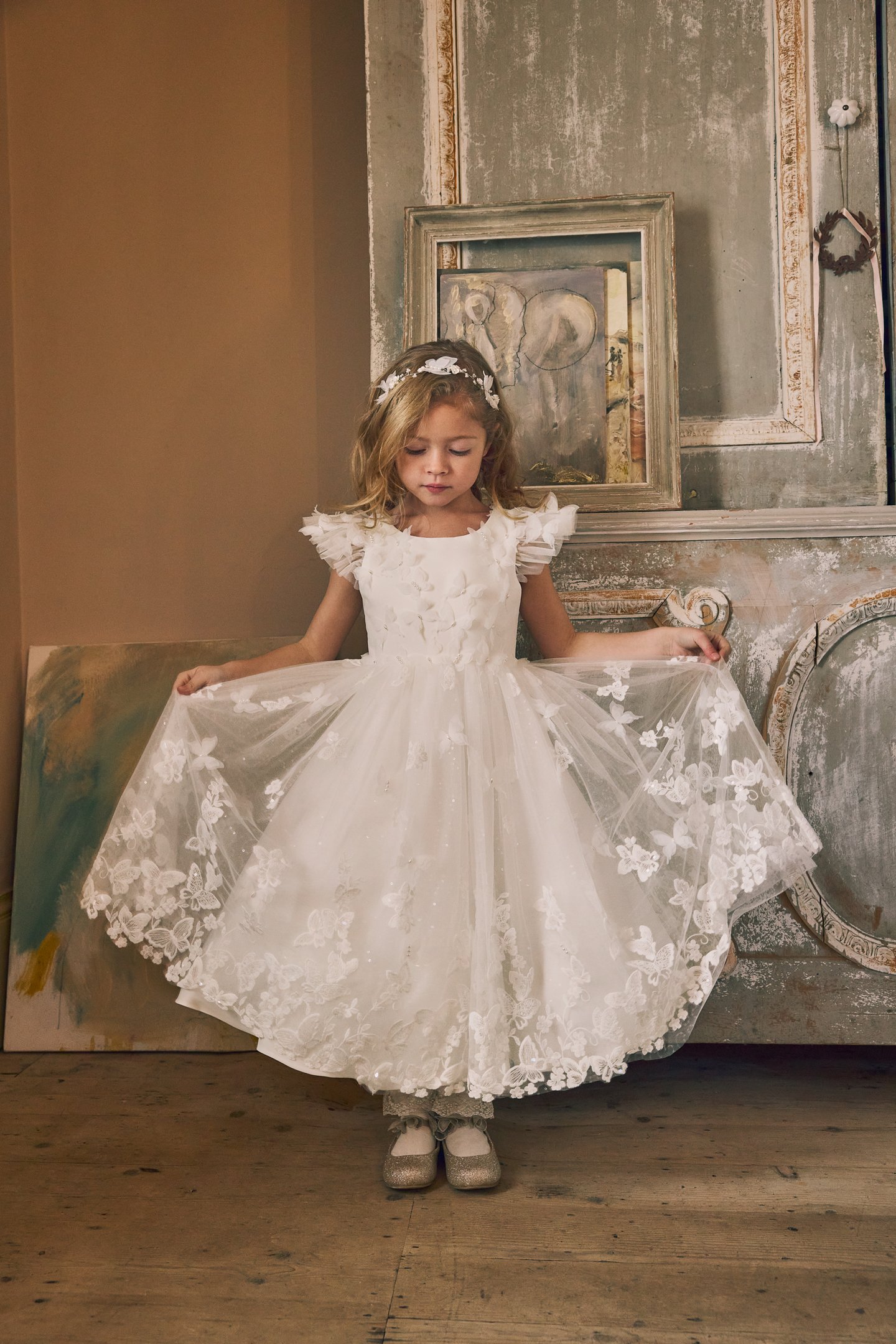 Fable by Justin Alexander Style FG017 Ottilie Sparkling Tulle Tea Length Ball Gown with 3D Tulle Butterfly Appliqués Throughout