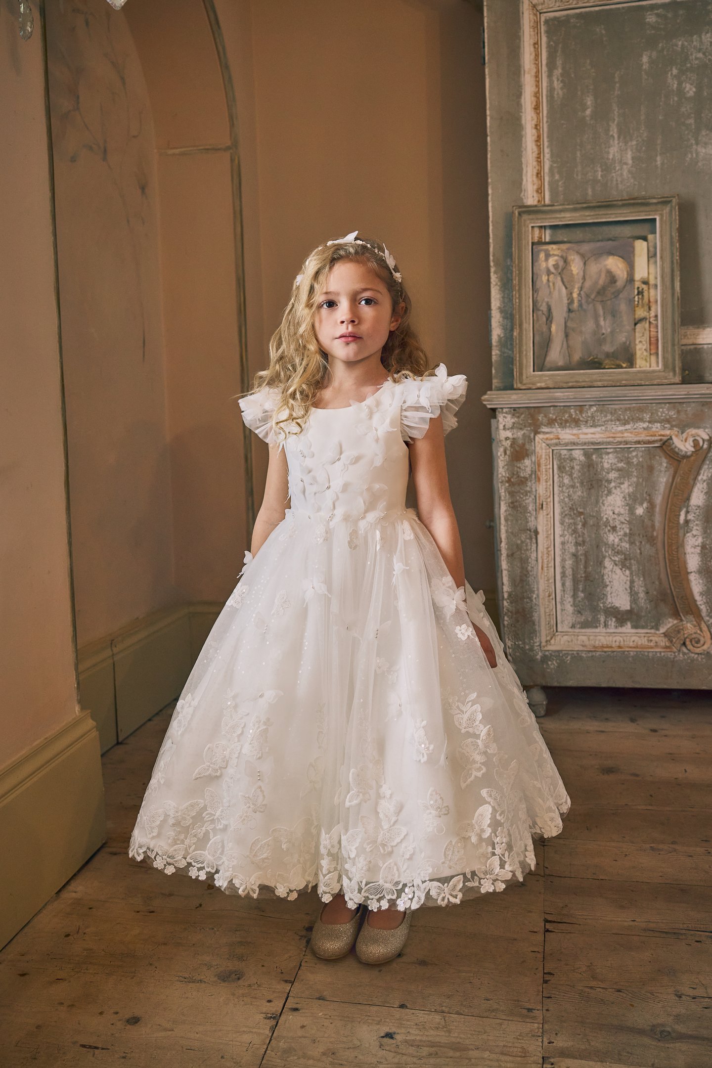 Fable by Justin Alexander Style FG017 Ottilie Sparkling Tulle Tea Length Ball Gown with 3D Tulle Butterfly Appliqués Throughout