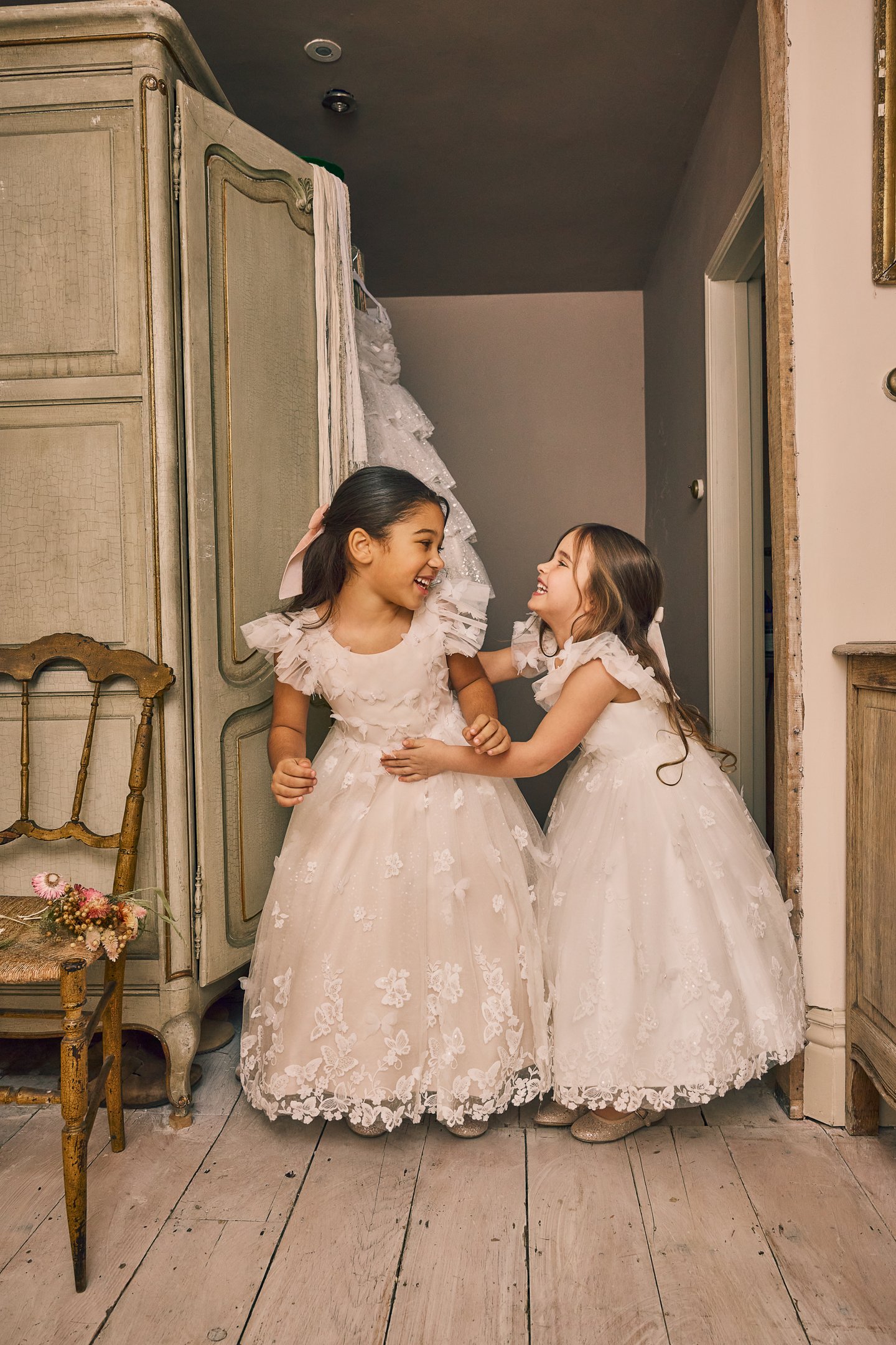 Fable by Justin Alexander Style FG017 Ottilie Sparkling Tulle Tea Length Ball Gown with 3D Tulle Butterfly Appliqués Throughout