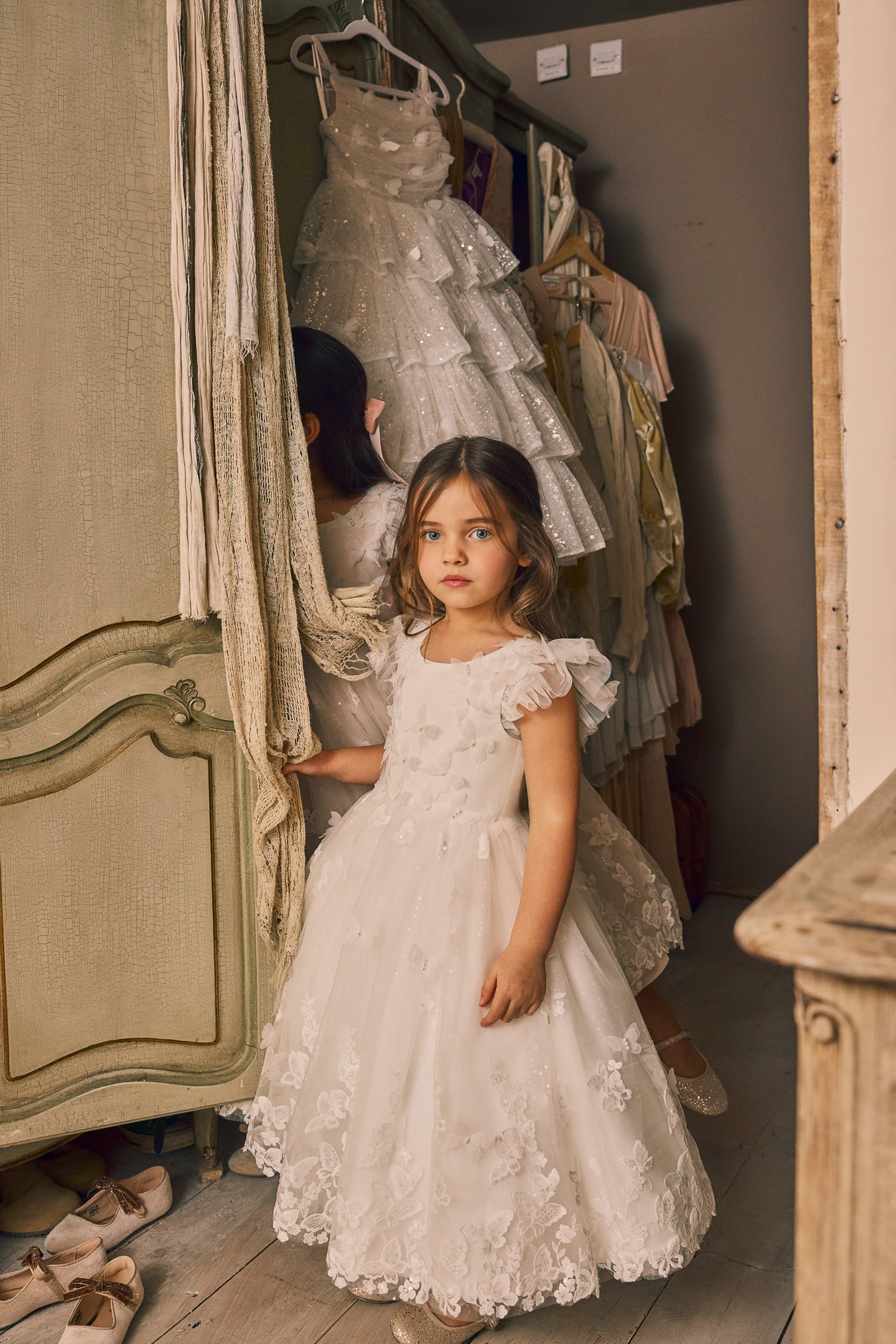Fable by Justin Alexander Style FG017 Ottilie Sparkling Tulle Tea Length Ball Gown with 3D Tulle Butterfly Appliqués Throughout
