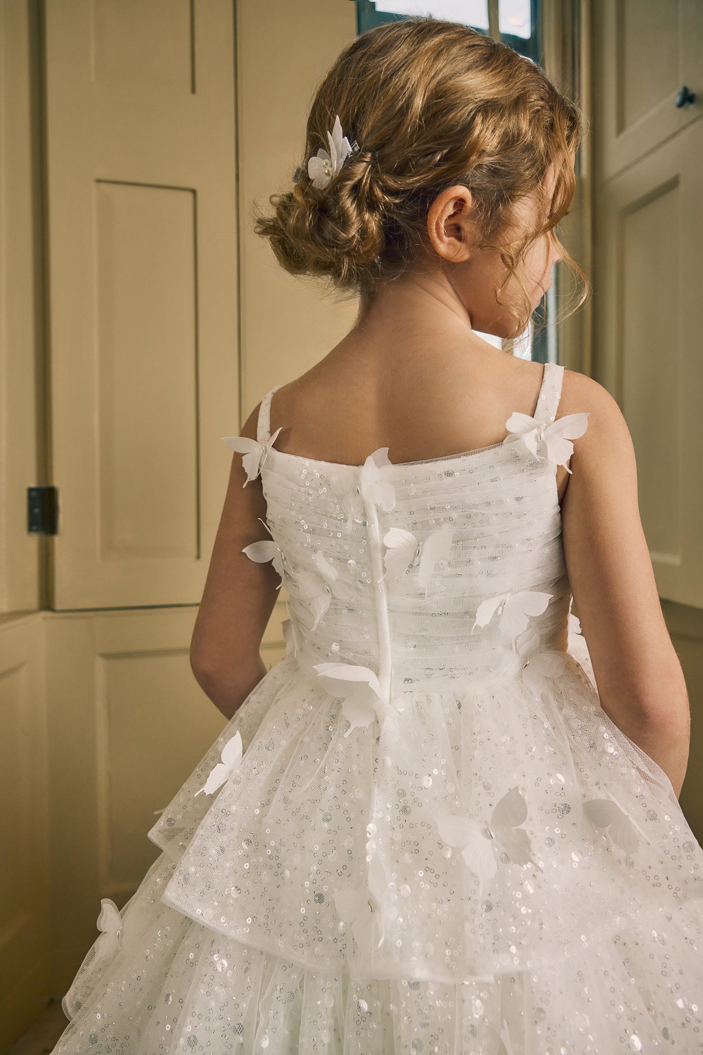 Fable by Justin Alexander Style FG018 Persephone Glitter Tulle Tea Length Ball Gown with Tiered Ruffle Skirt and 3D Butterfly Appliqués