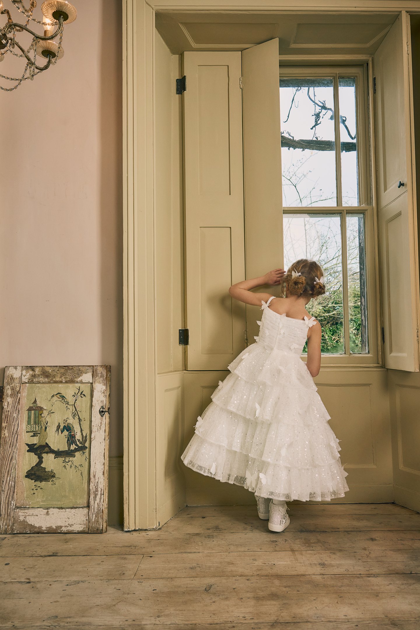 Fable by Justin Alexander Style FG018 Persephone Glitter Tulle Tea Length Ball Gown with Tiered Ruffle Skirt and 3D Butterfly Appliqués