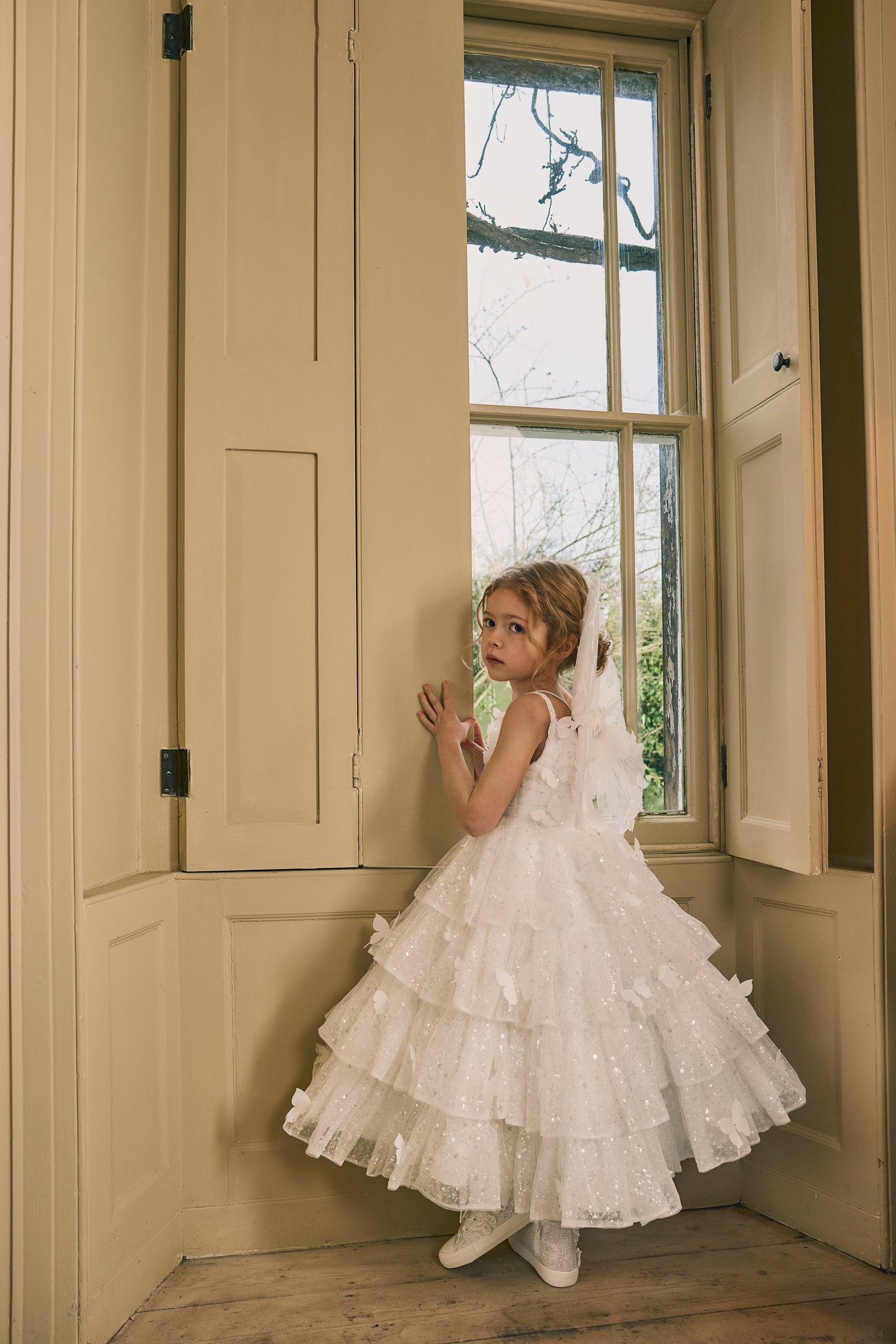 Fable by Justin Alexander Style FG018 Persephone Glitter Tulle Tea Length Ball Gown with Tiered Ruffle Skirt and 3D Butterfly Appliqués