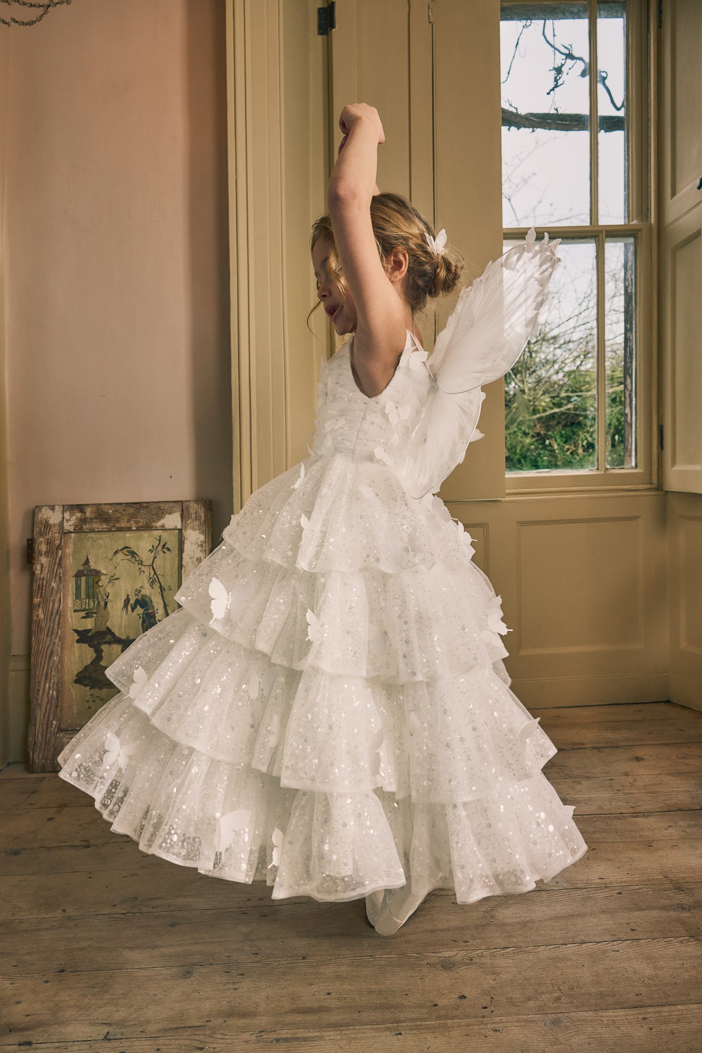 Fable by Justin Alexander Style FG018 Persephone Glitter Tulle Tea Length Ball Gown with Tiered Ruffle Skirt and 3D Butterfly Appliqués