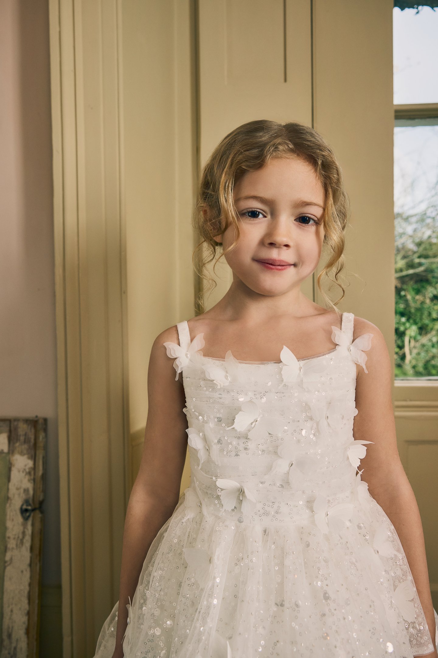 Fable by Justin Alexander Style FG018 Persephone Glitter Tulle Tea Length Ball Gown with Tiered Ruffle Skirt and 3D Butterfly Appliqués