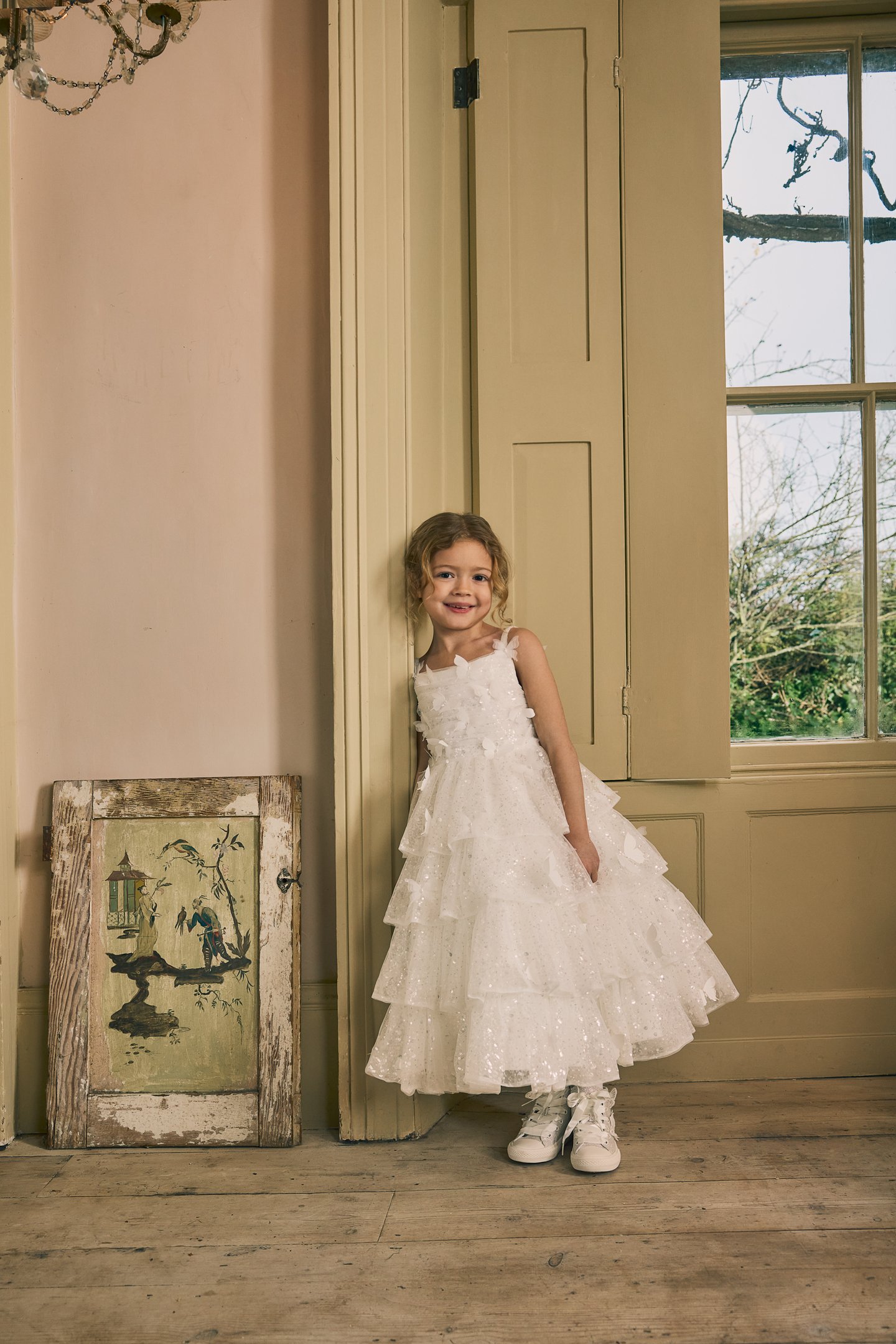 Fable by Justin Alexander Style FG018 Persephone Glitter Tulle Tea Length Ball Gown with Tiered Ruffle Skirt and 3D Butterfly Appliqués