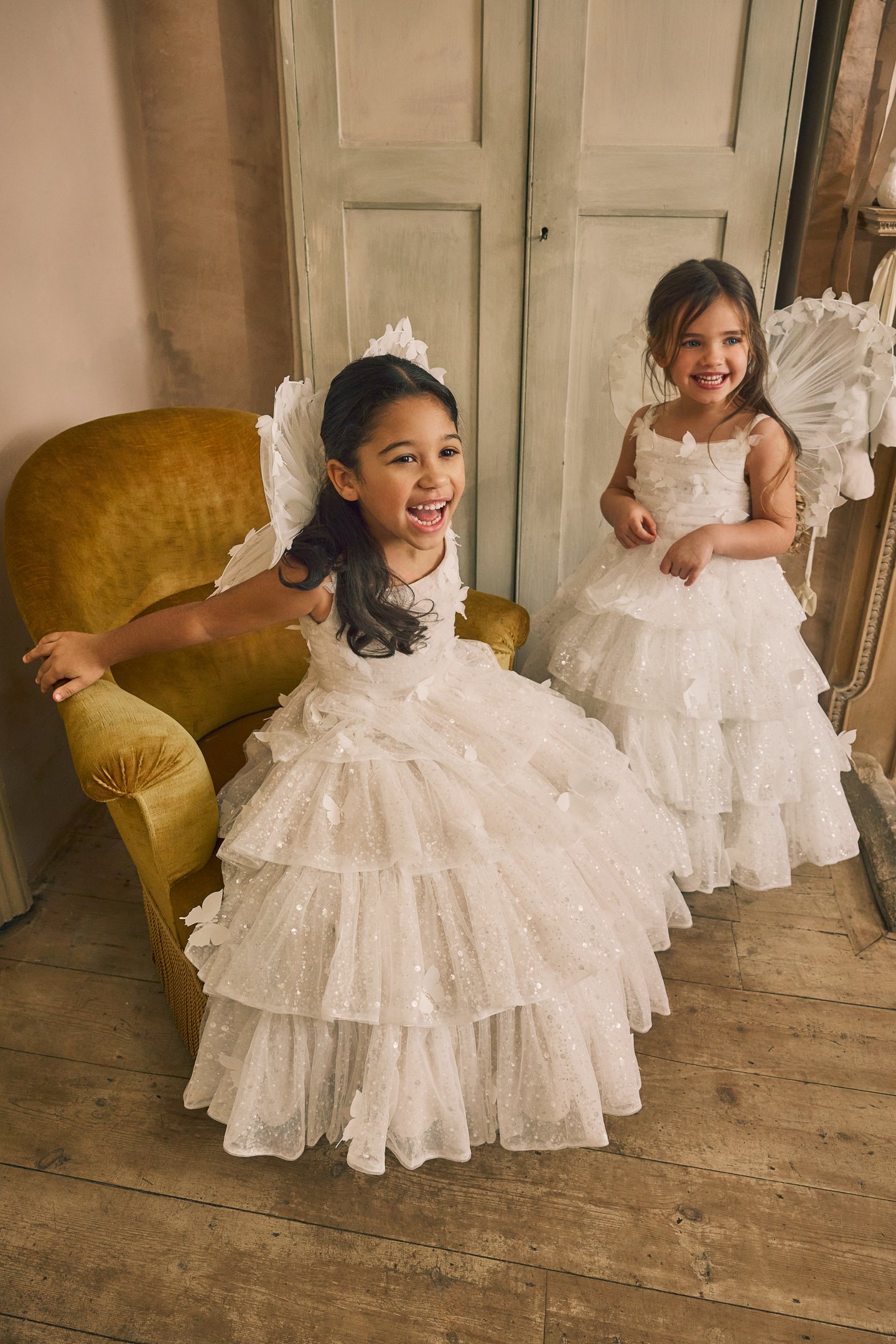 Fable by Justin Alexander Style FG018 Persephone Glitter Tulle Tea Length Ball Gown with Tiered Ruffle Skirt and 3D Butterfly Appliqués