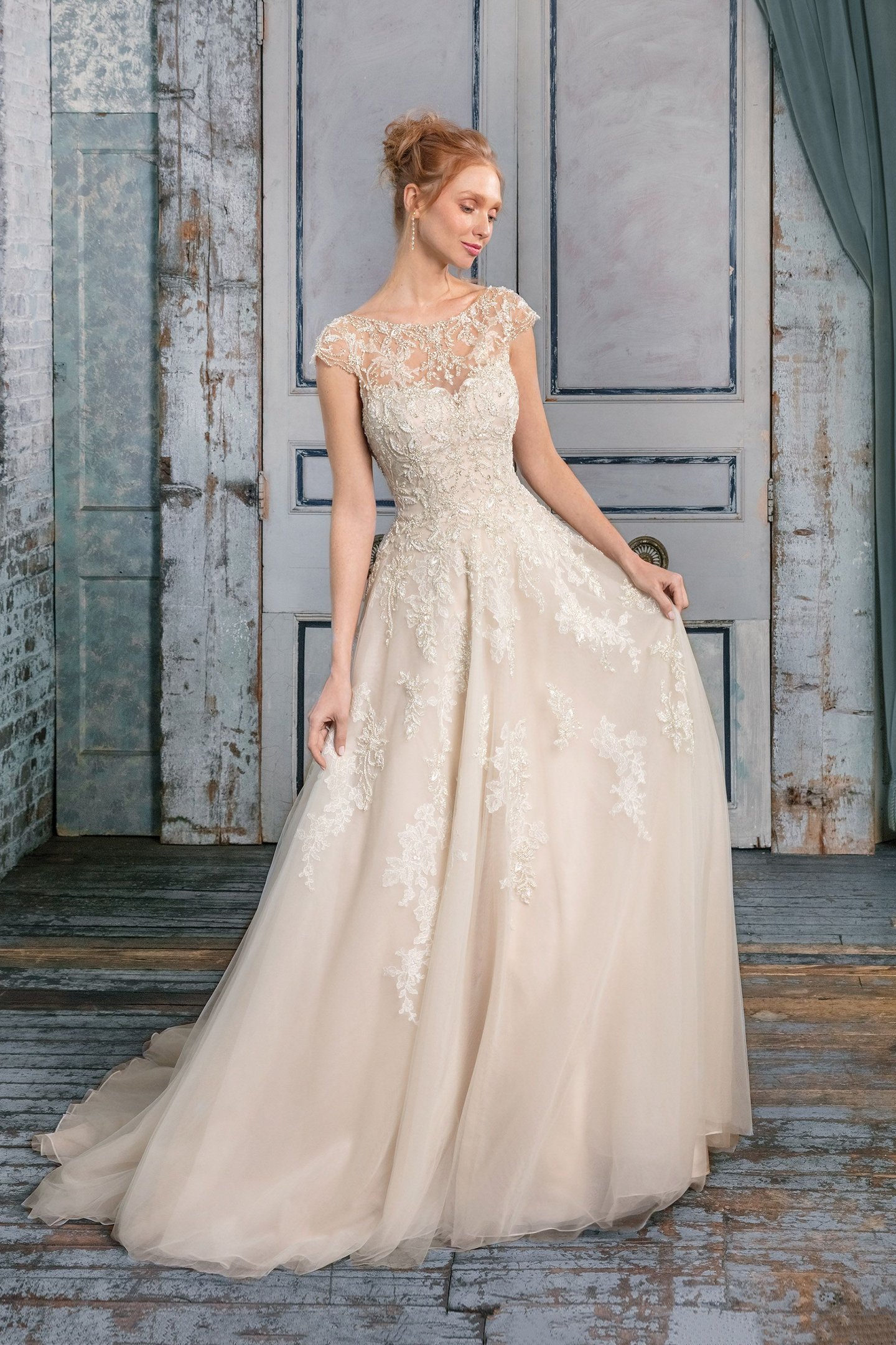 Justin Alexander Signature Style 99009 Tulle A-Line Gown with Illusion Sabrina Neckline