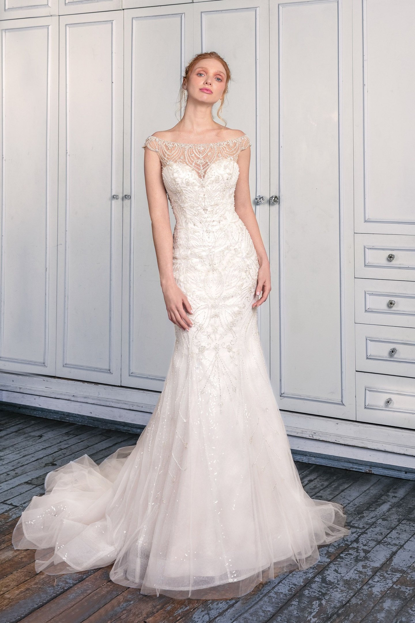 Justin Alexander Signature Style 99016 Fit and Flare with Embroidered Illusion Neckline
