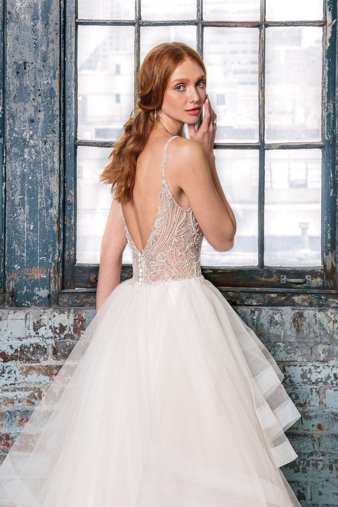 Justin Alexander Signature Style 99017 Beaded V-Neck Bodice with Layered Horsehair Skirt