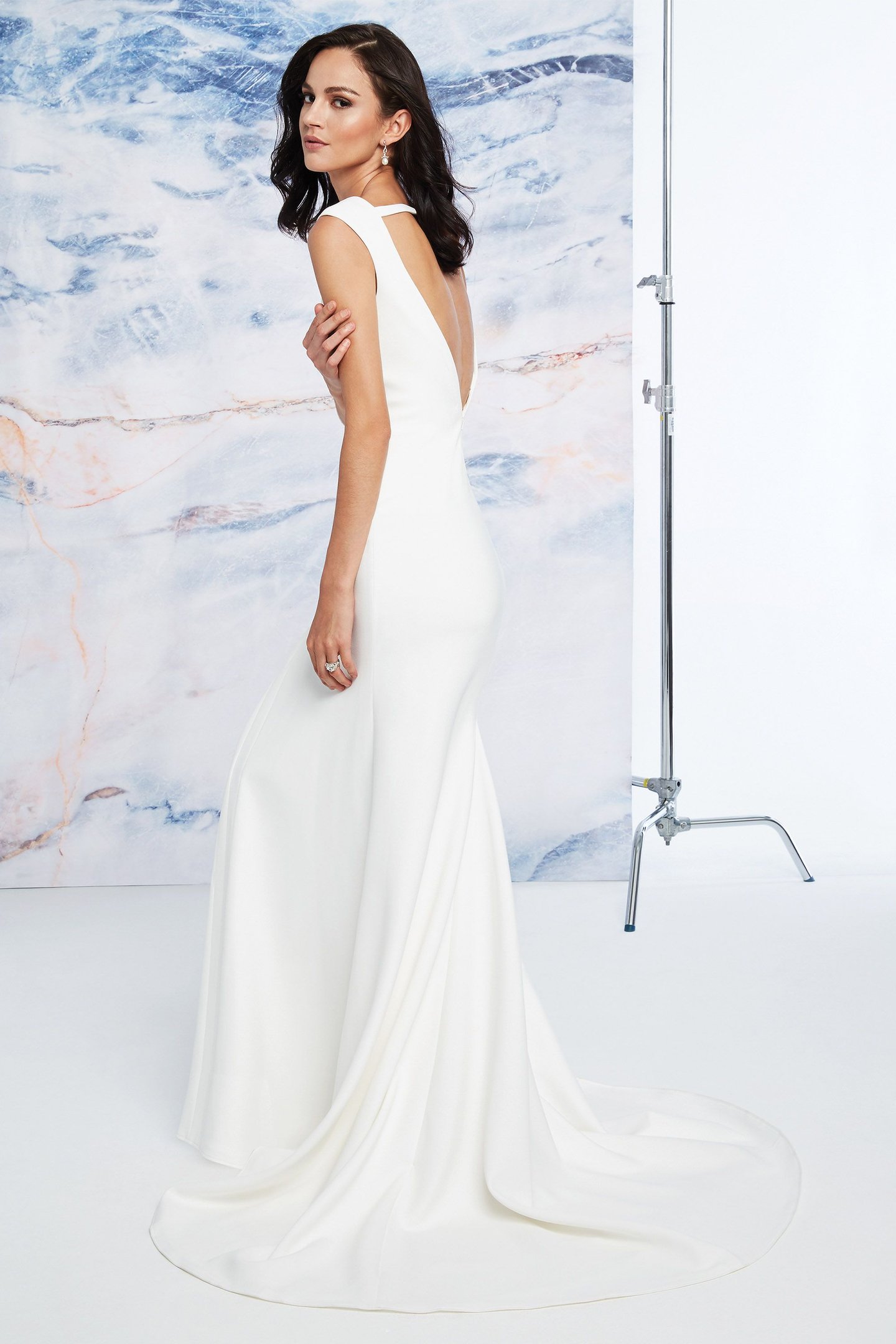 Justin Alexander Signature style 99054 Vienna V-Neck Crepe Fit and Flare Dress with Open Back
