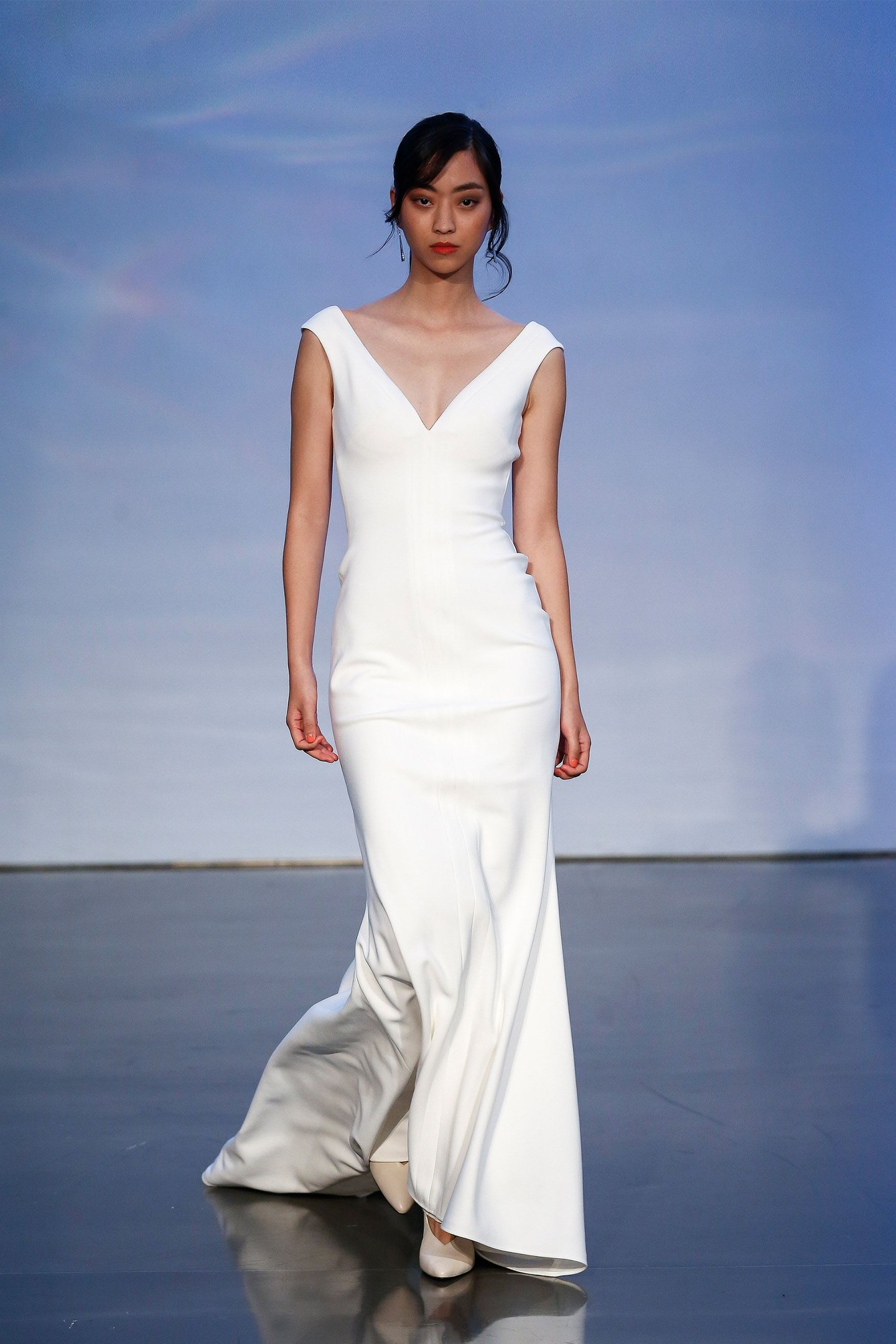 Justin Alexander Signature style 99054 Vienna V-Neck Crepe Fit and Flare Dress with Open Back