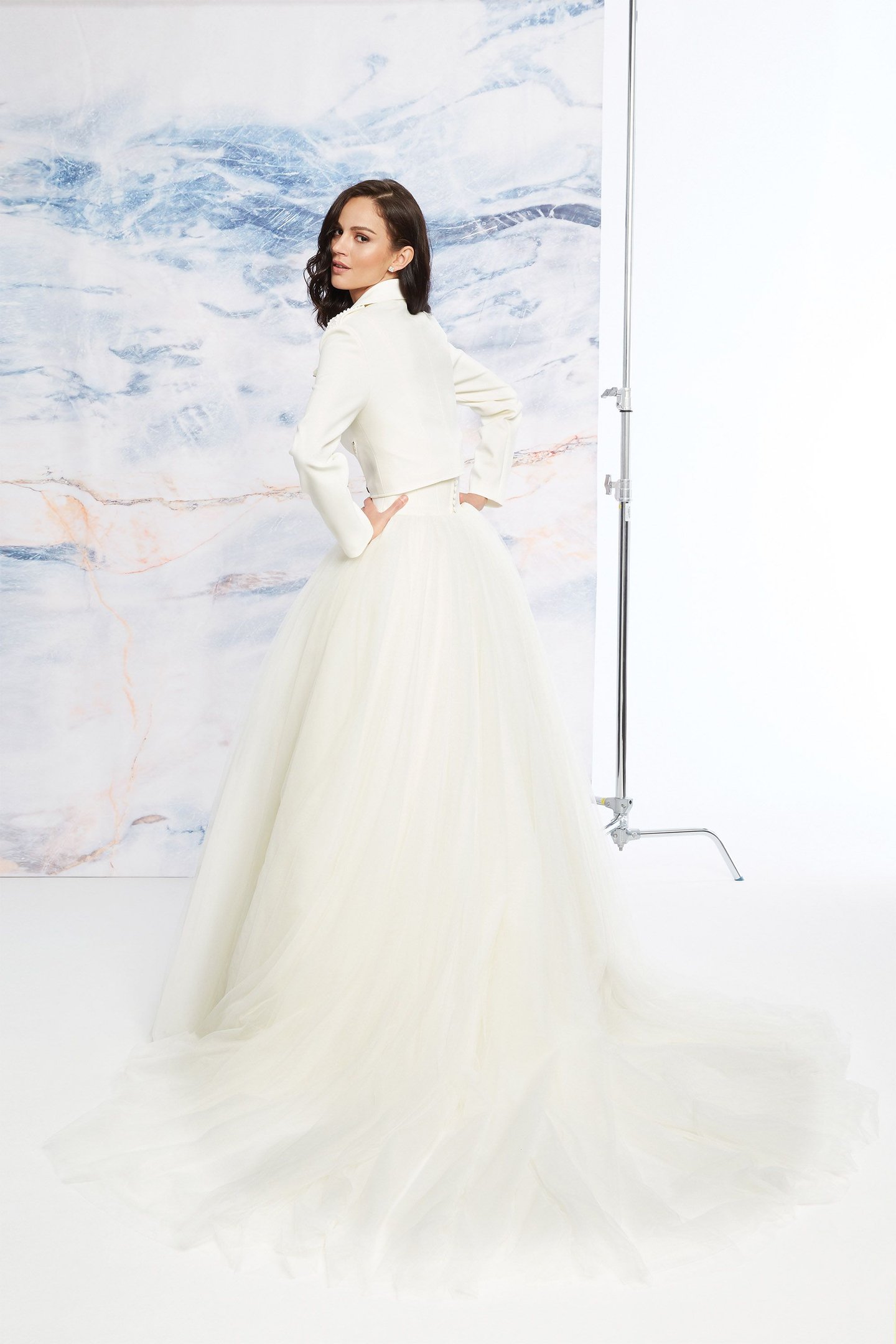 Justin Alexander Signature Style 99056 Crepe Ball Gown with Tulle Skirt and Moto Jacket
