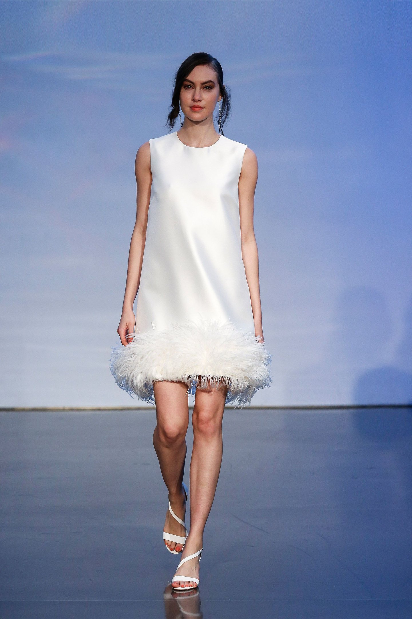 Justin Alexander Signature Style 99057 Knee-Length Mikado Dress with Ostrich Feather Hem