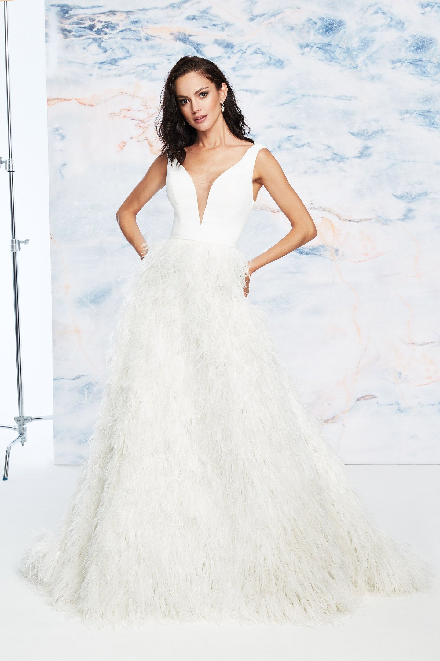 Justin Alexander Signature Style 99058 Ostrich Feather Skirt Ball Gown with V-Neckline