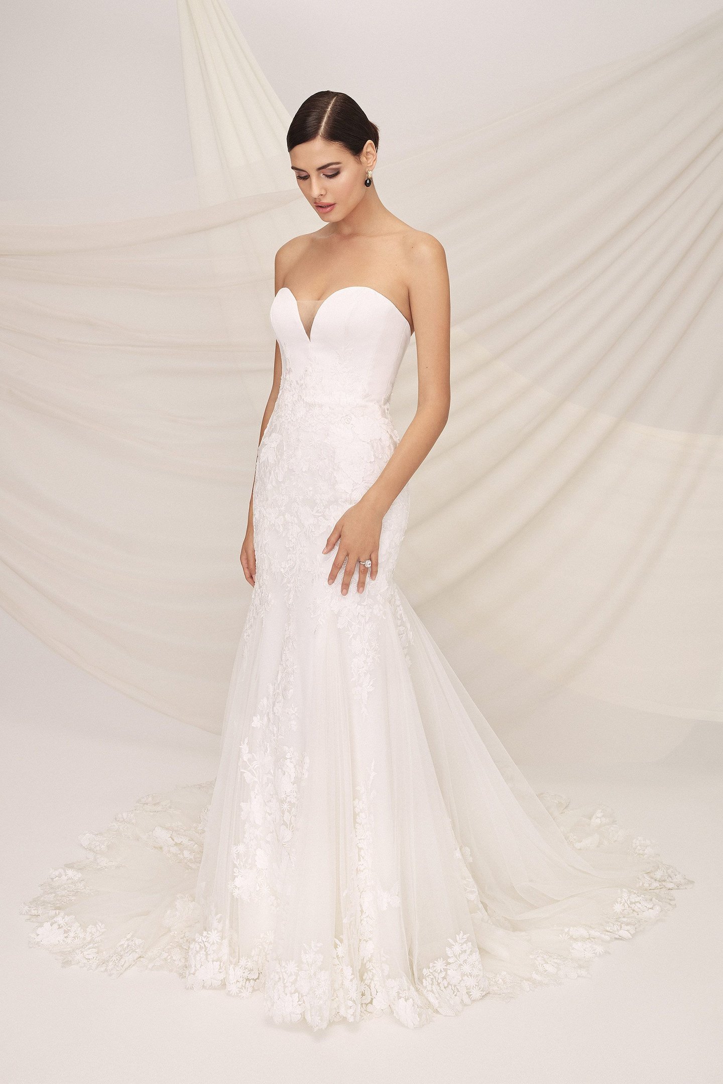 Justin Alexander Signature Style 99119 BARCELONA Plunging Sweetheart Fit and Flare Gown with Lace Mandarin Jacket