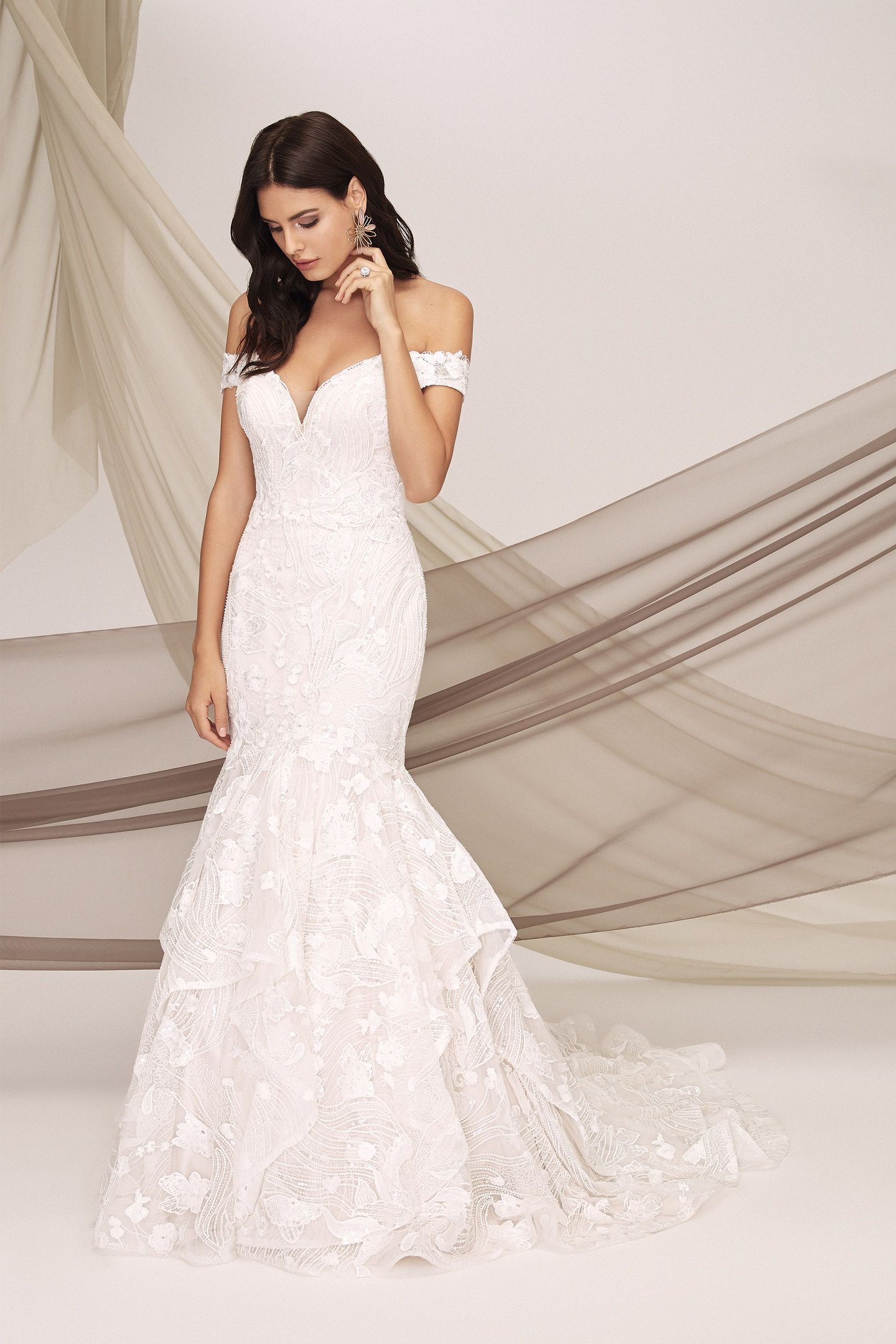 Justin Alexander Signature Style 99129 LAMAR Beaded Mermaid Dress with Ruffle Skirt and Venice Lace