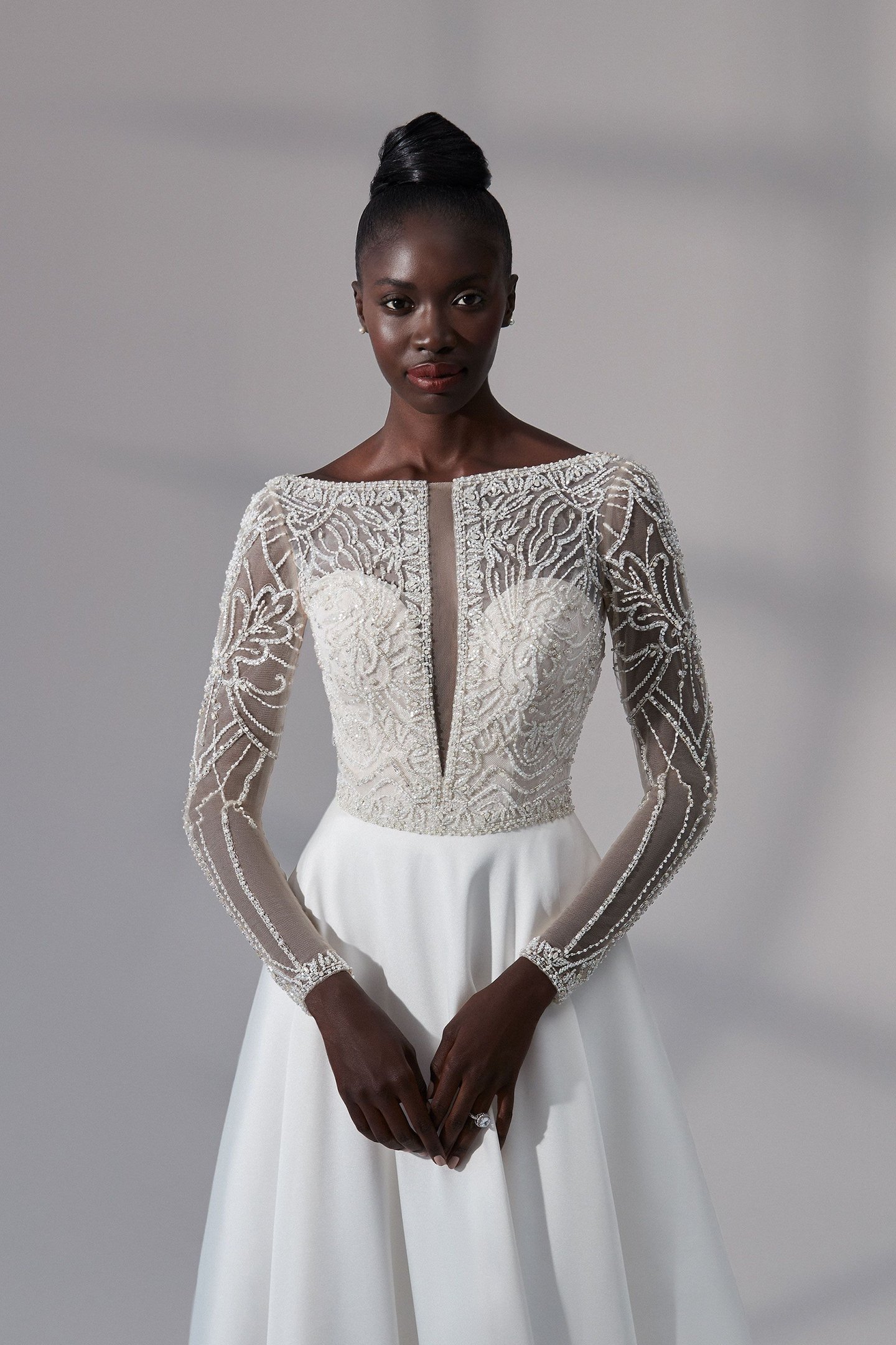 Justin Alexander Signature Style 99184 Portsmouth Beaded A-Line Gown with Notched Sabrina Neckline and Mikado Skirt