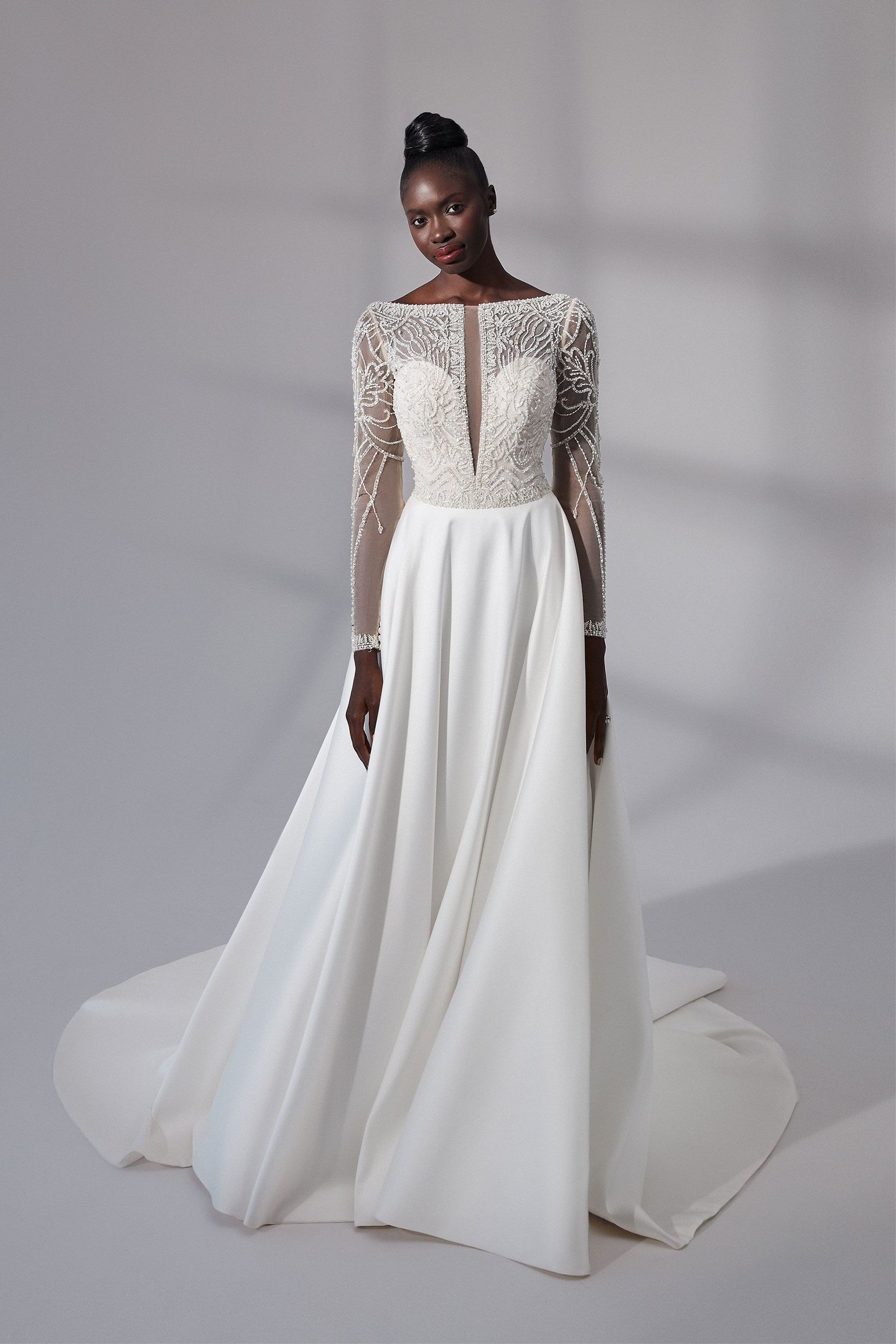 Justin Alexander Signature Style 99184 Portsmouth Beaded A-Line Gown with Notched Sabrina Neckline and Mikado Skirt