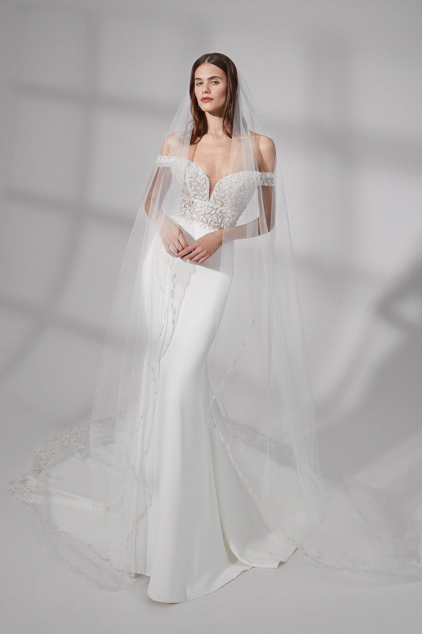 Justin Alexander Signature Style 99187 Westfield Beaded Crepe Fit and Flare Dress with Scalloped Cutout Train