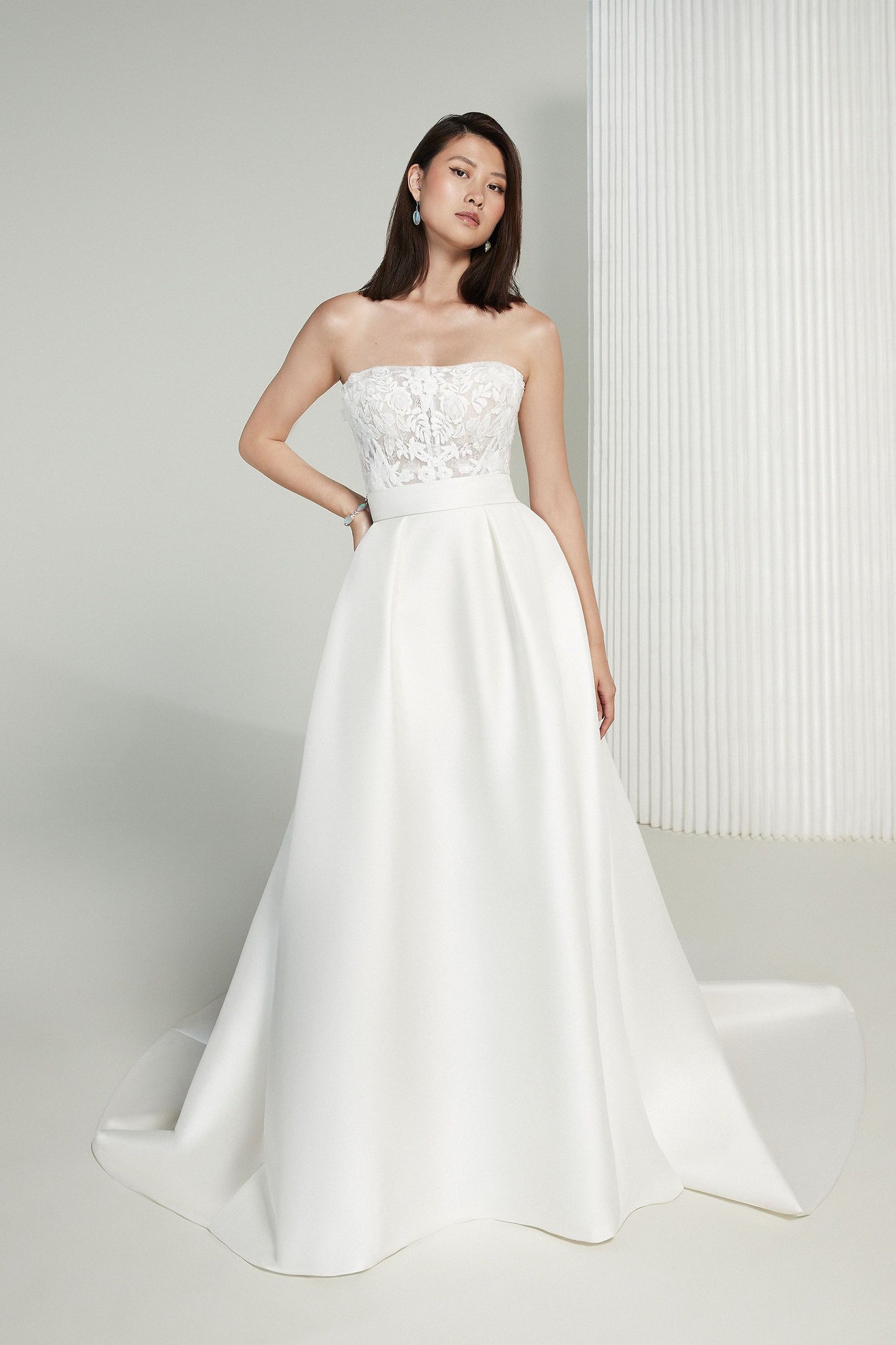 Justin Alexander Signature Style 99214 Marie Straight Neckline Wedding Gown with Stretch Mikado Skirt and Slit