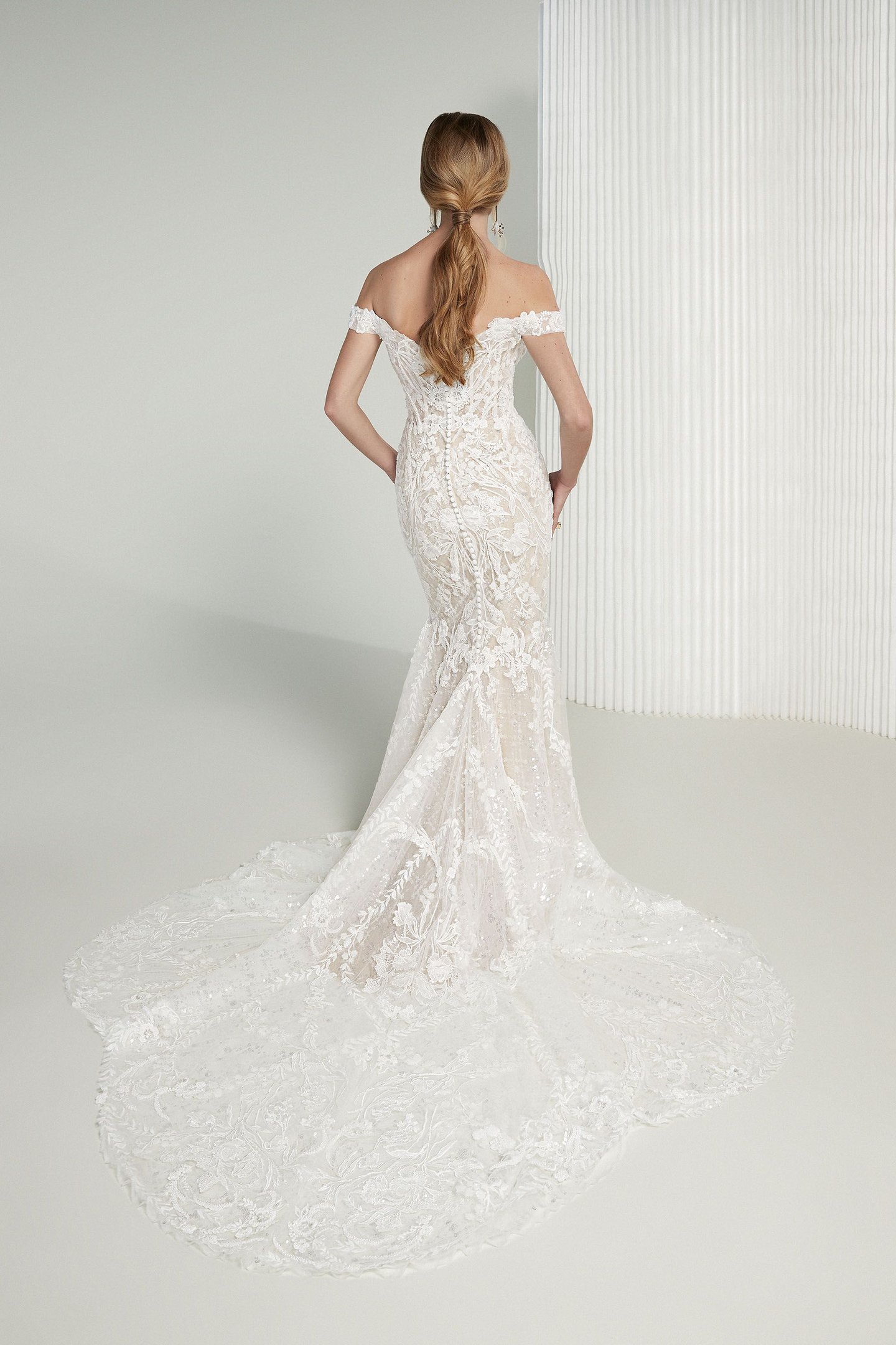 Justin Alexander Signature Style 99220 Indira Beaded and Sequined Off the Shoulder Gown with Petal Train