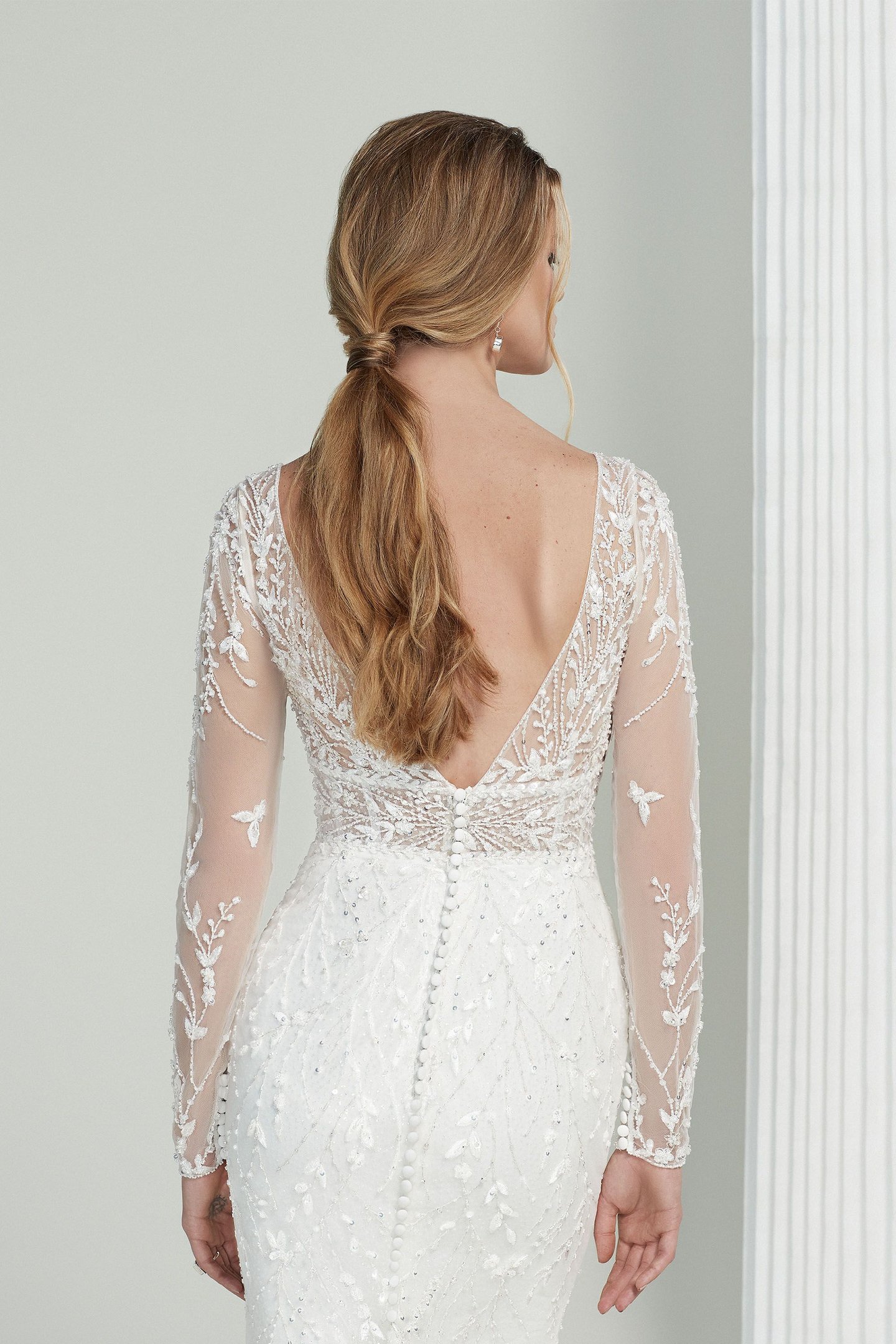 Justin Alexander Signature Style 99222 Yoko Long Sleeve Gown with Glitter Tulle and Allover Beaded Embroidery