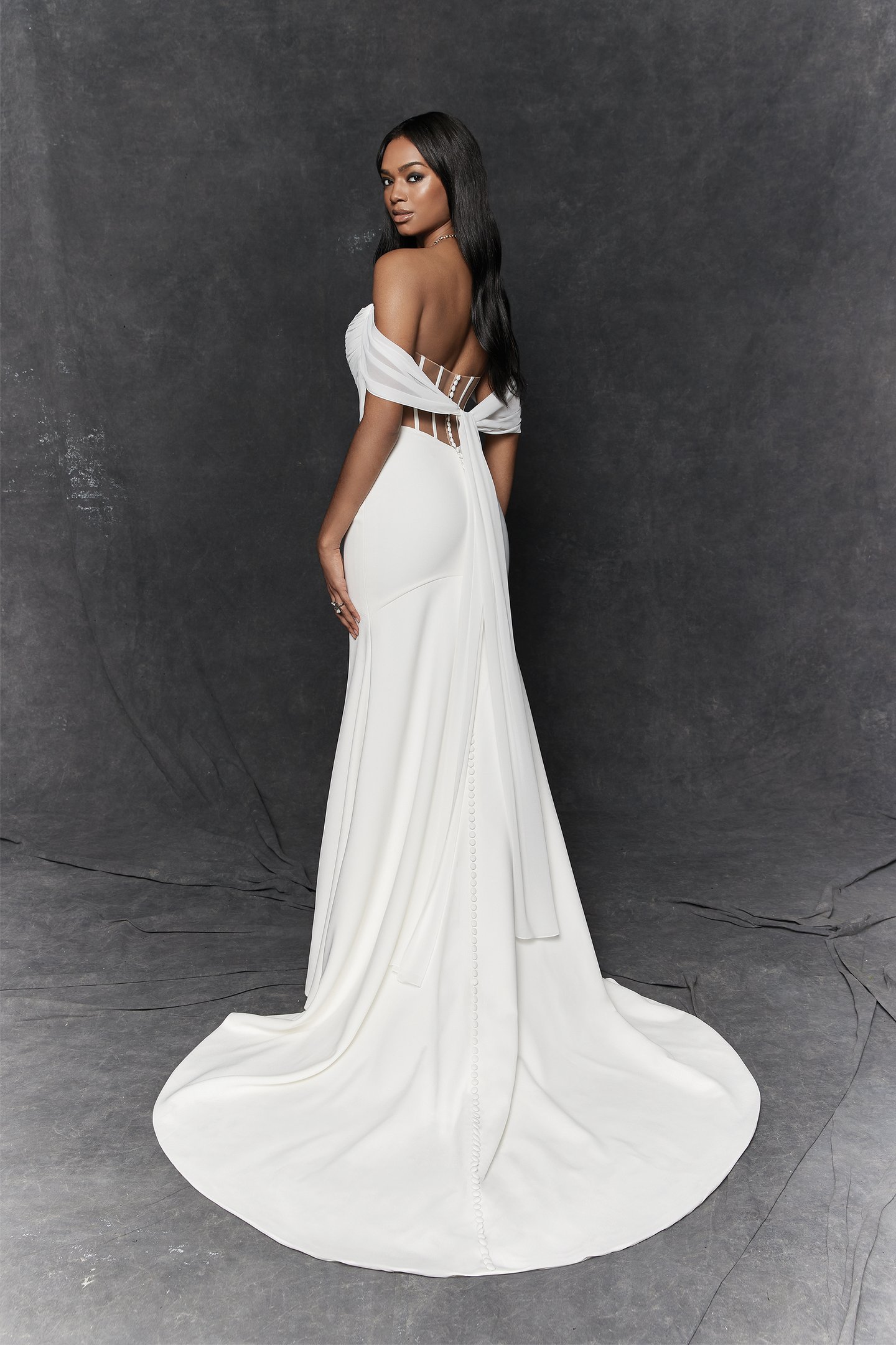 Justin Alexander Signature Style 99253 Limone Crepe Fit and Flare Dress with Detachable Chiffon Streamers