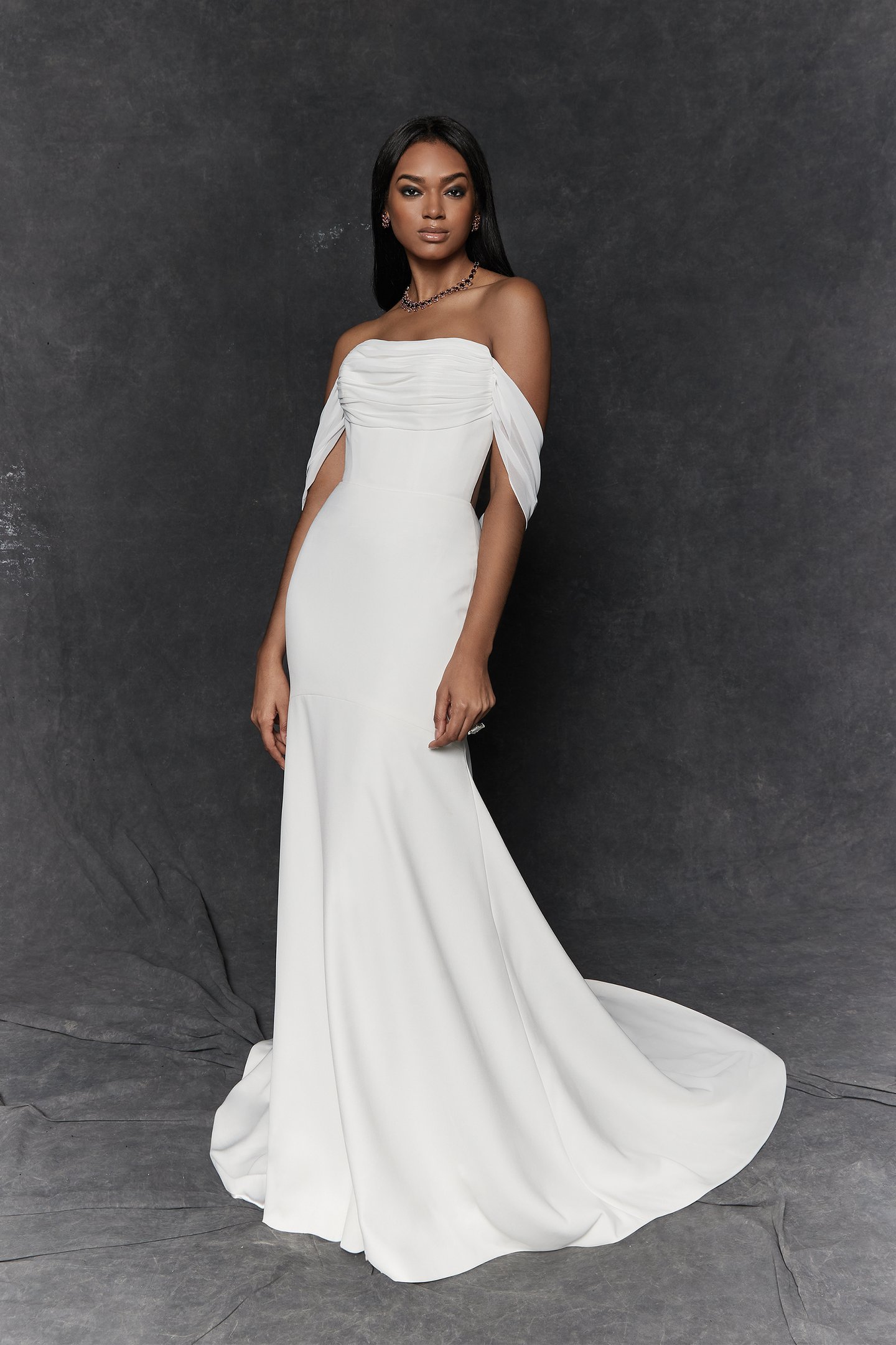 Justin Alexander Signature Style 99253 Limone Crepe Fit and Flare Dress with Detachable Chiffon Streamers