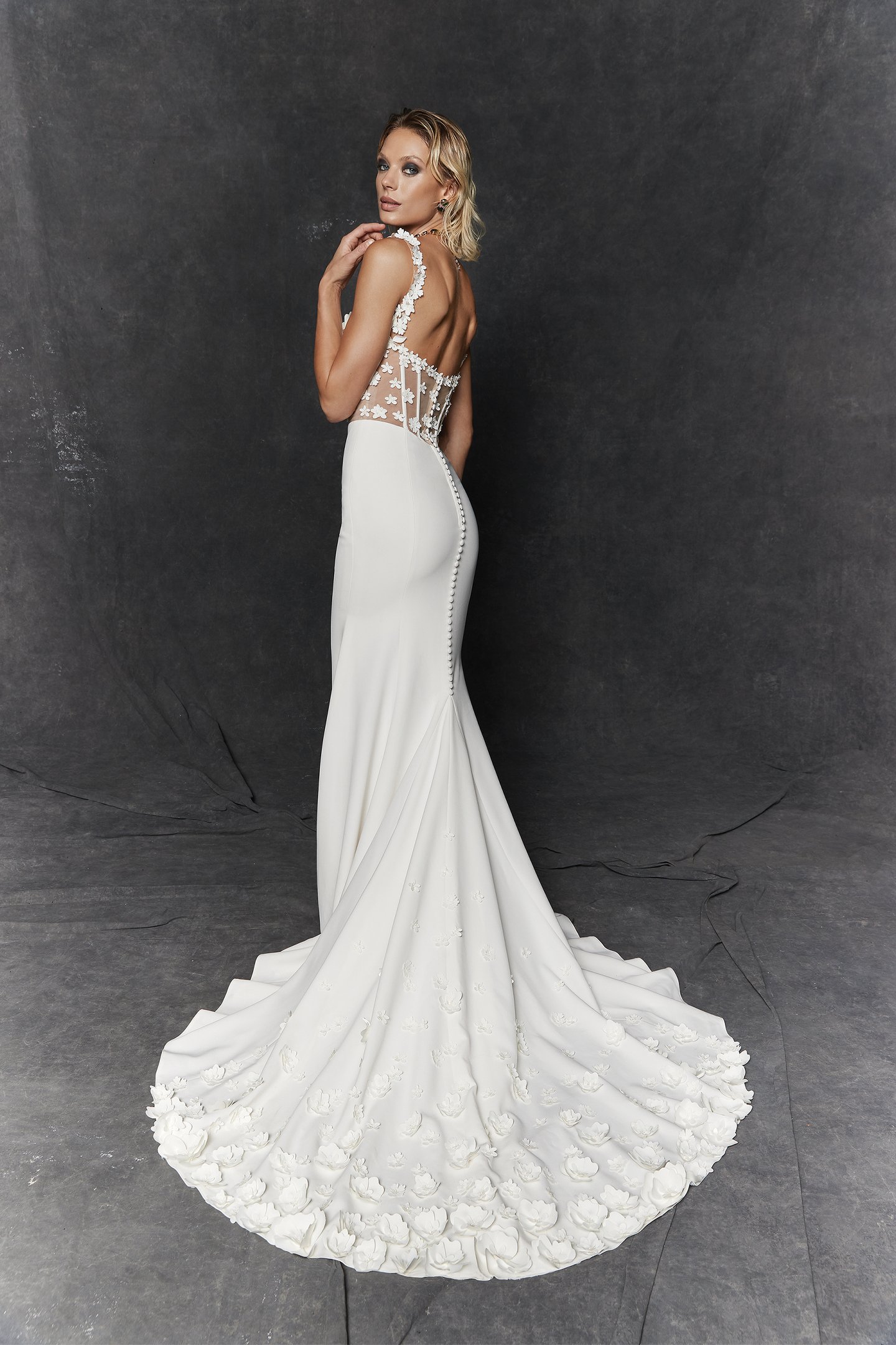 Justin Alexander Signature Style 99256 Gardenia Stretch Crepe Fit and Flare Wedding Gown with 3D Flowers