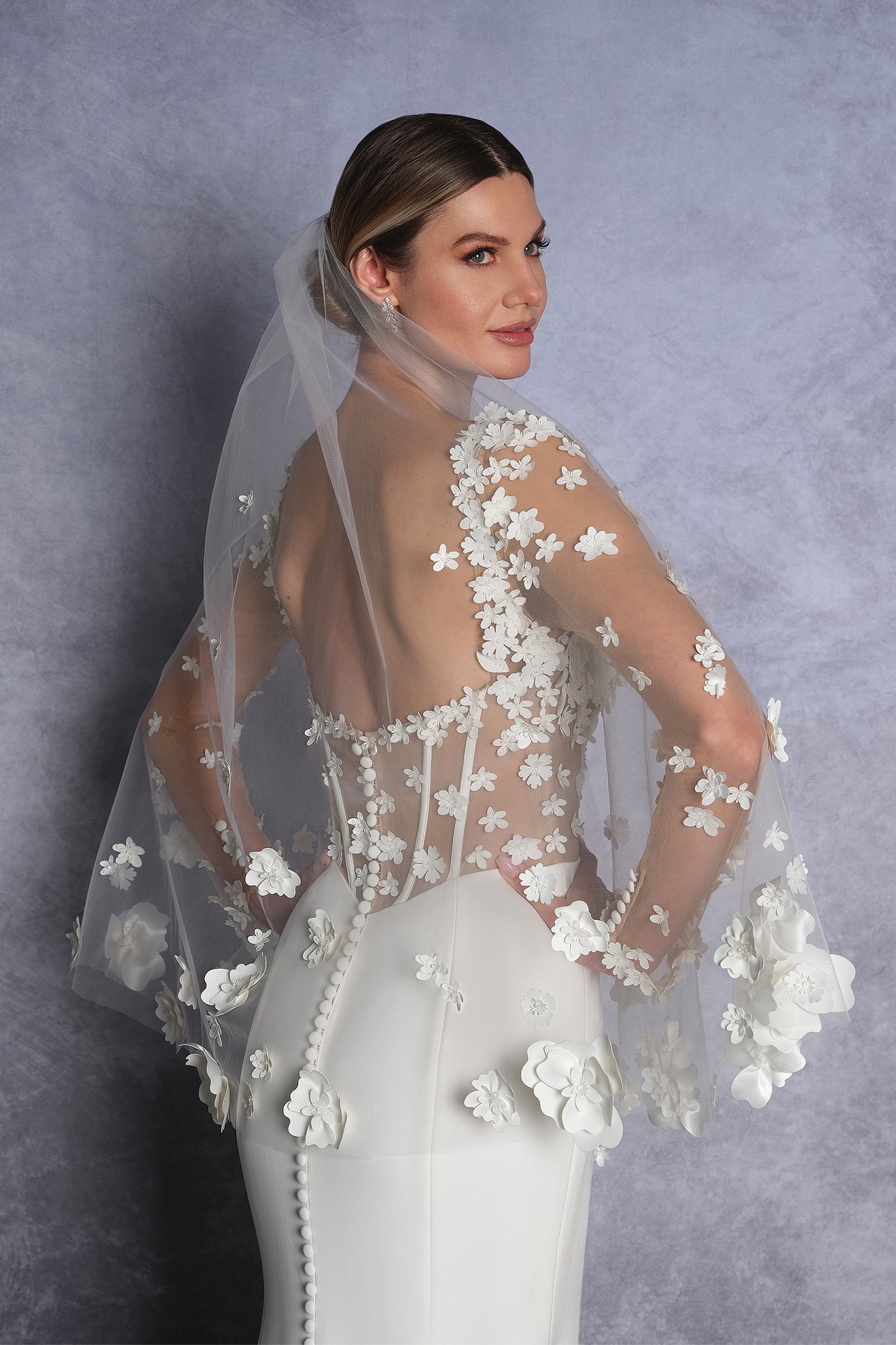 Justin Alexander Signature Style 99256V Gardenia Veil Fingertip Length Veil Embellished with 3D Satin Flowers