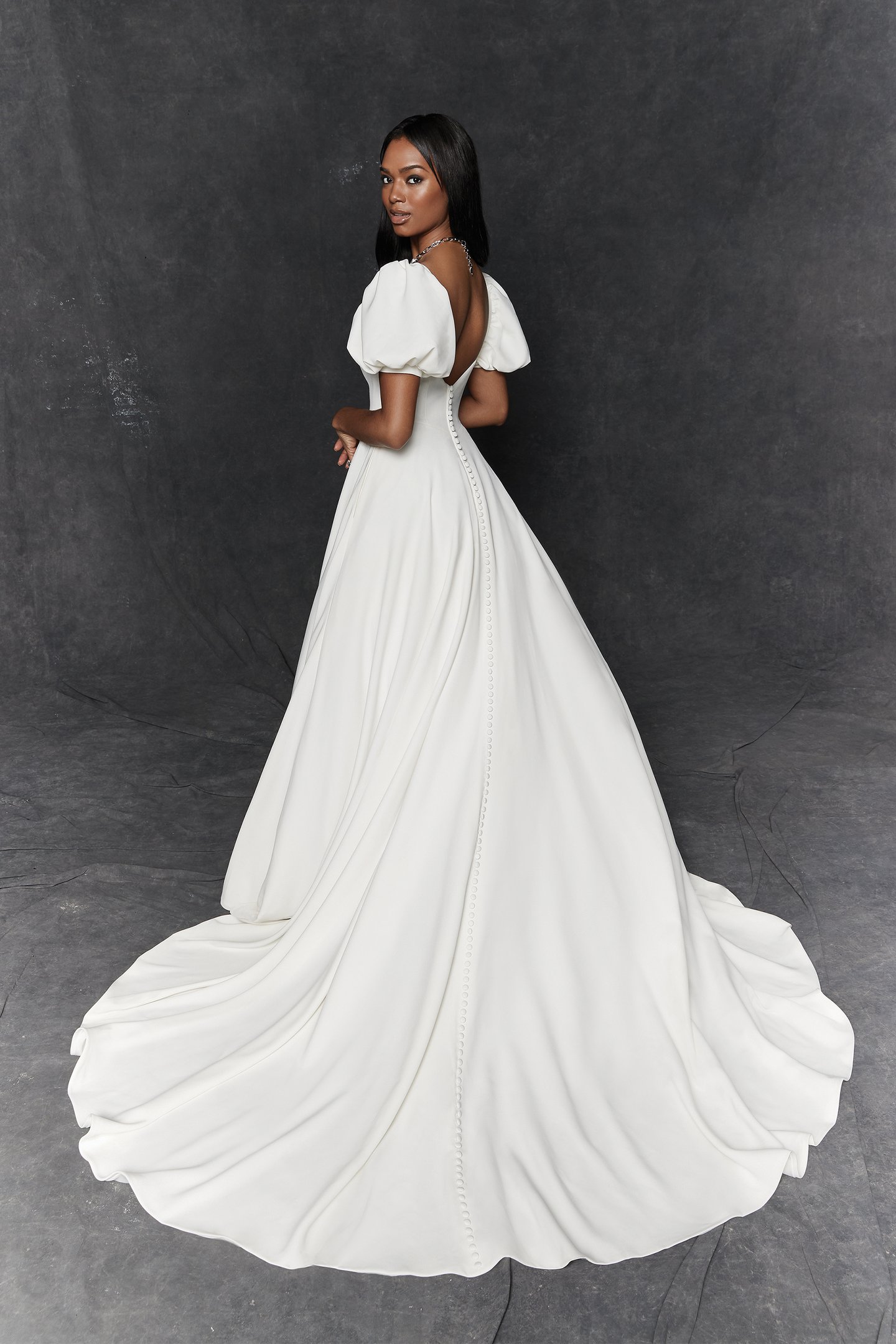 Justin Alexander Signature Style 99257 Bardini Square Neck Stretch Crepe Ball Gown with Puff Sleeves