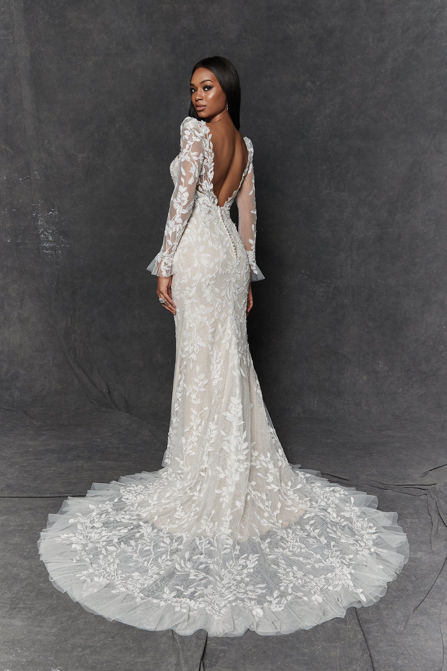 Justin Alexander Signature Style 99266 Terra Lace Fit and Flare Dress with Illusion Neckline and Bell Sleeves