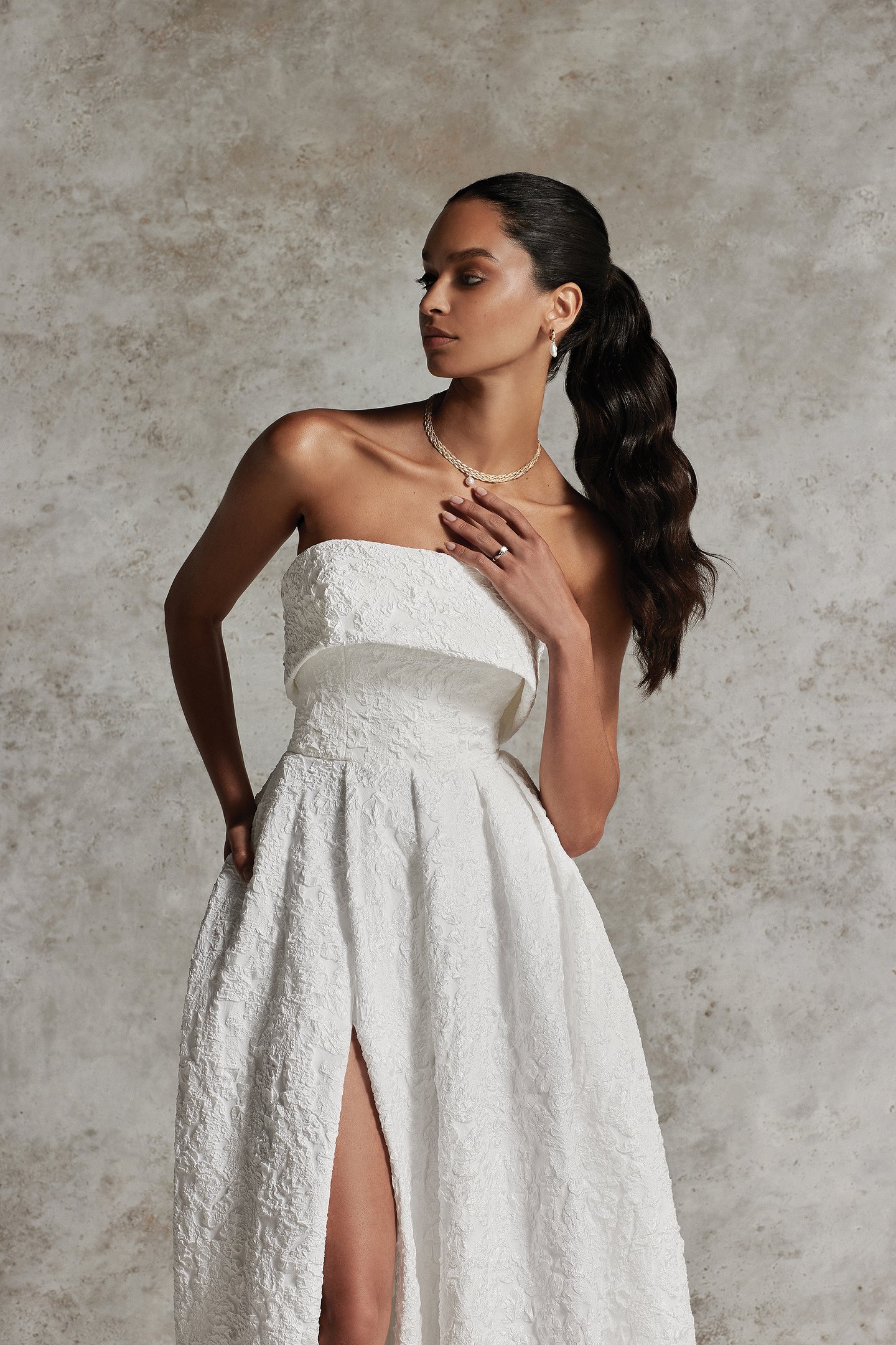 Justin Alexander Signature Style 99297 NALANI Brocade Cuff Neckline Ball Gown with Slit