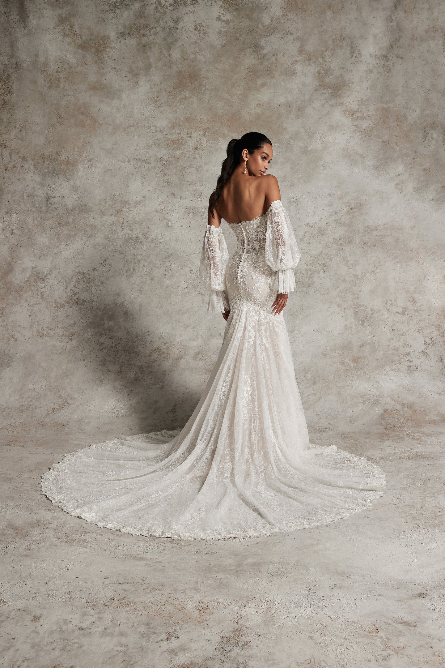 Justin Alexander Signature Style 99308 YAREN Chantilly Lace Fit and Flare Wedding Gown with Sheer Bodice
