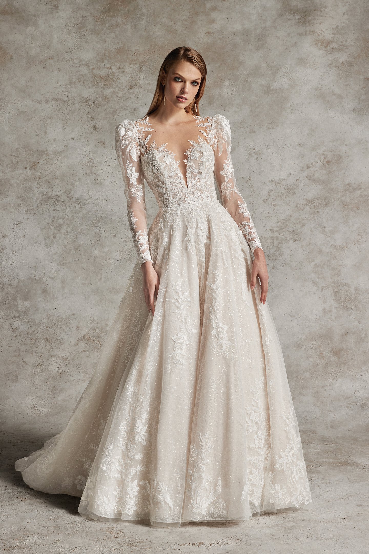 Justin Alexander Signature Style 99309 YARINA Allover Sparkle Ball Gown with Illusion Neckline and Puff Sleeves