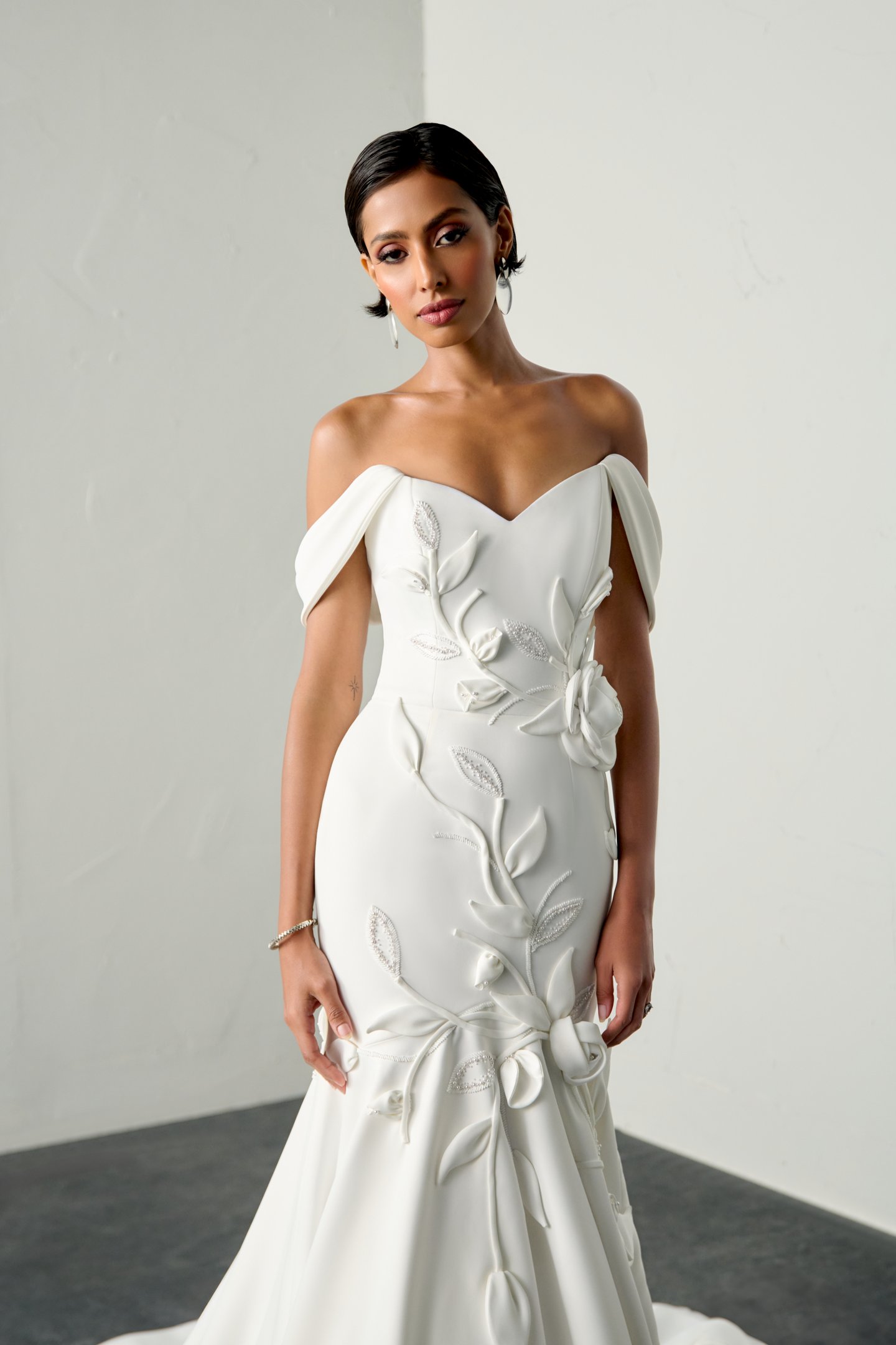 Justin Alexander Signature Style 99380 TILERINA Satin Sweetheart Off-the-Shoulder Trumpet Gown with 3D Rosettes