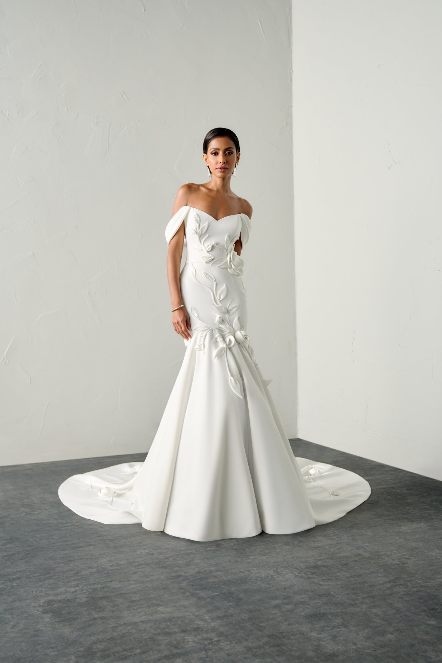 Justin Alexander Signature Style 99380 TILERINA Satin Sweetheart Off-the-Shoulder Trumpet Gown with 3D Rosettes