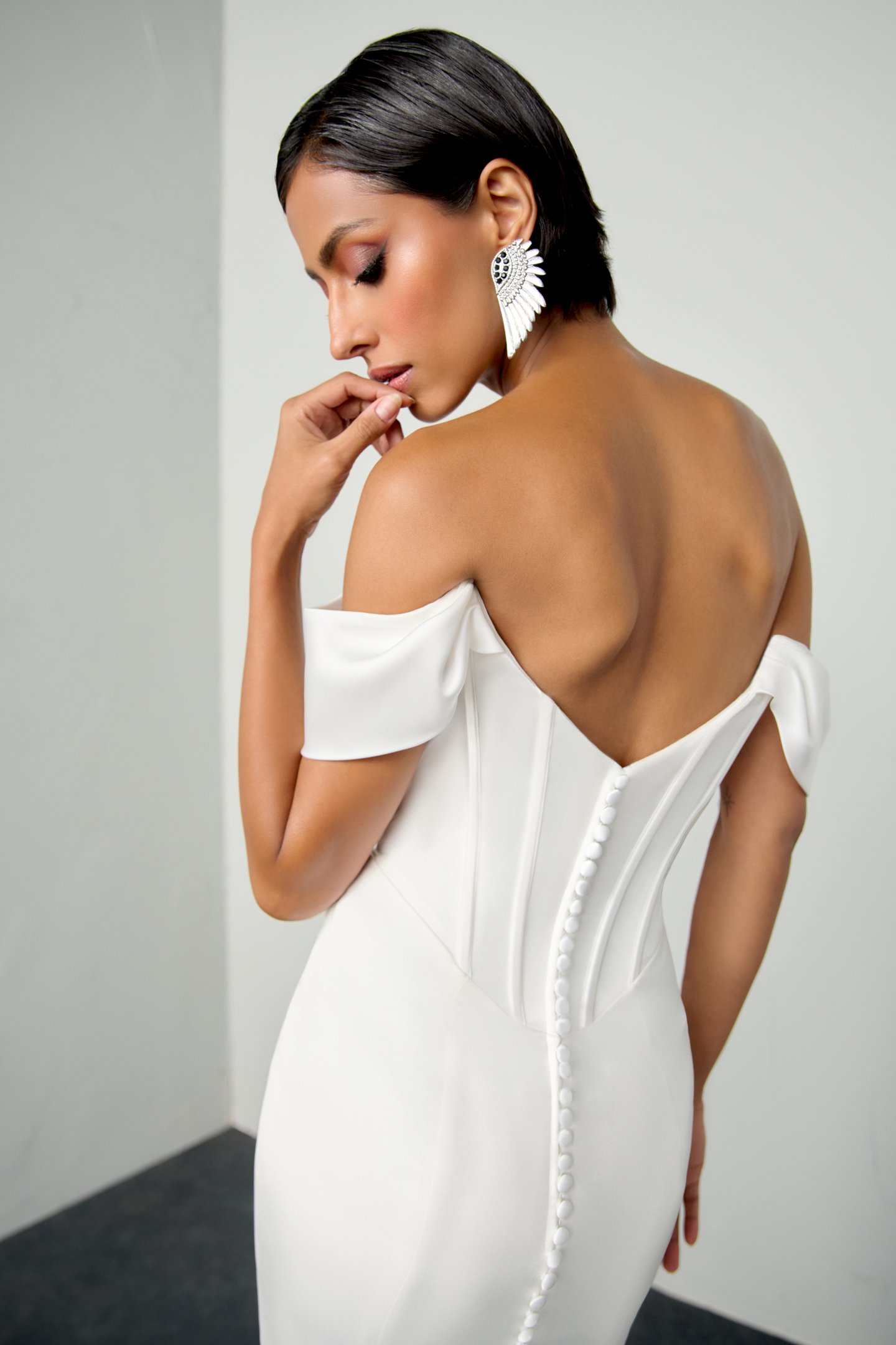 Justin Alexander Signature Style 99382 TEMPEST Charmeuse Fit and Flare Gown with Front Cuff Neckline and Basque Waist