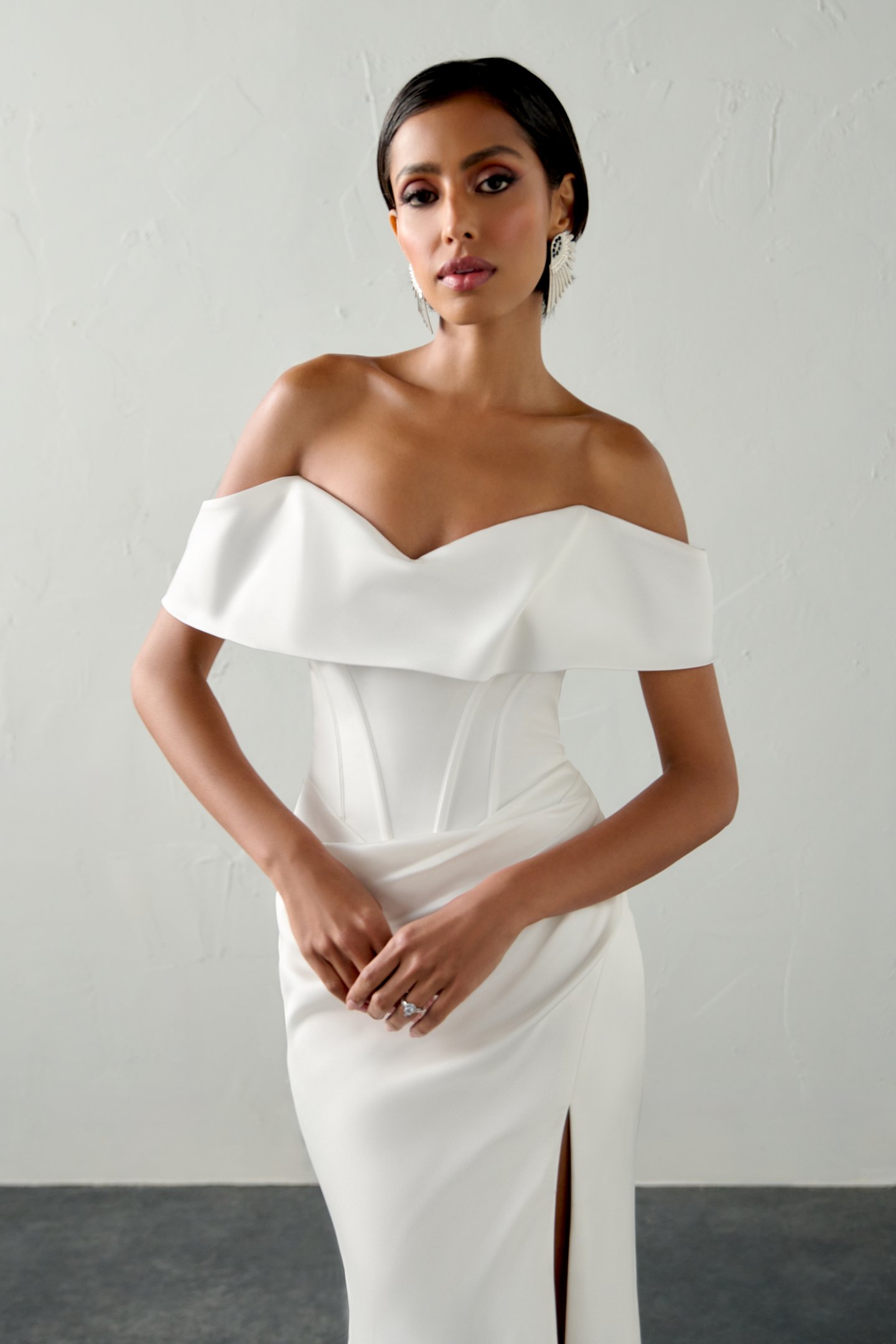 Justin Alexander Signature Style 99382 TEMPEST Charmeuse Fit and Flare Gown with Front Cuff Neckline and Basque Waist