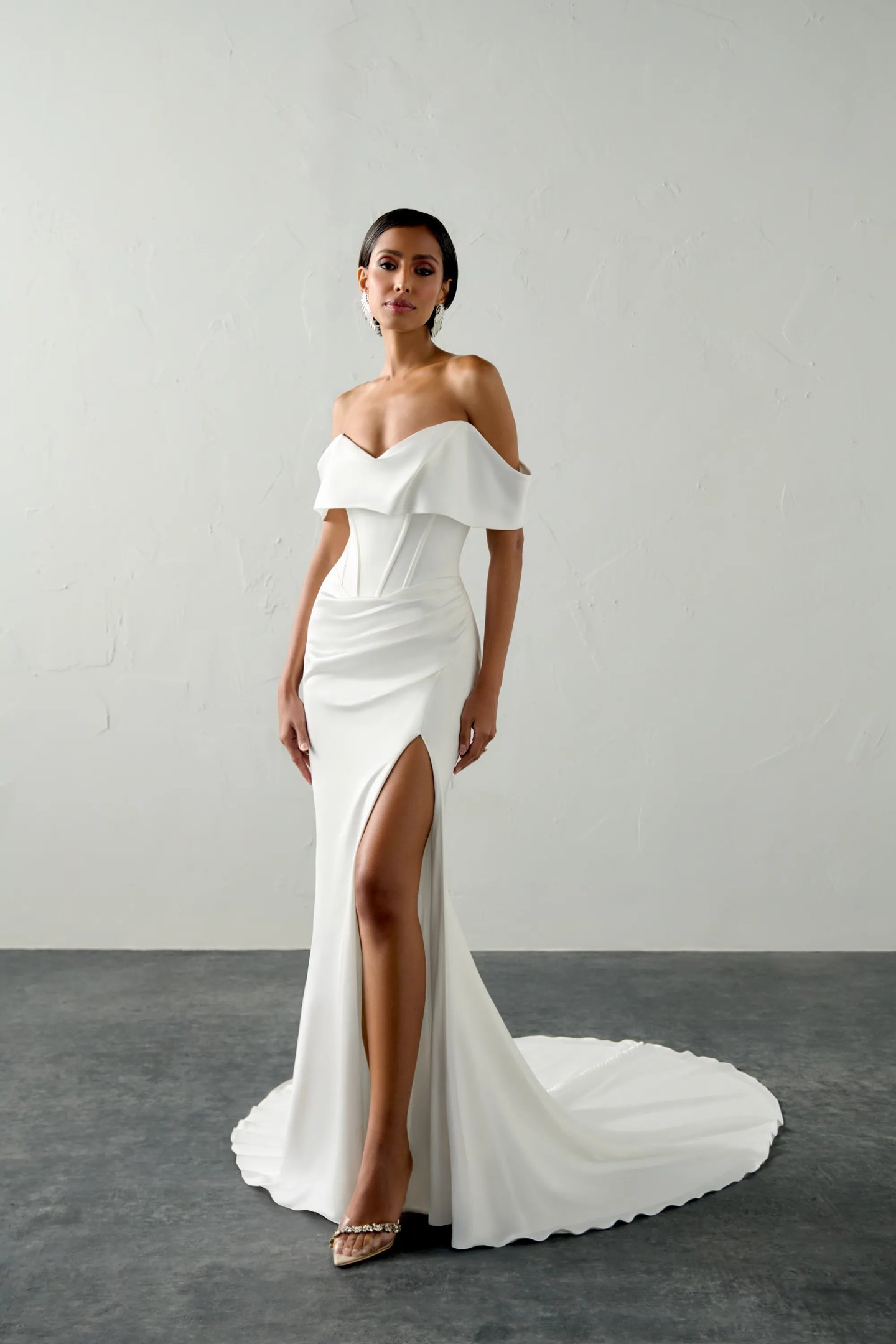 justin alexander off the shoulder wedding dress AMELIA: Long Sleeve Off-the-Shoulder Wedding Gown with Luxe Chiffon Skirt