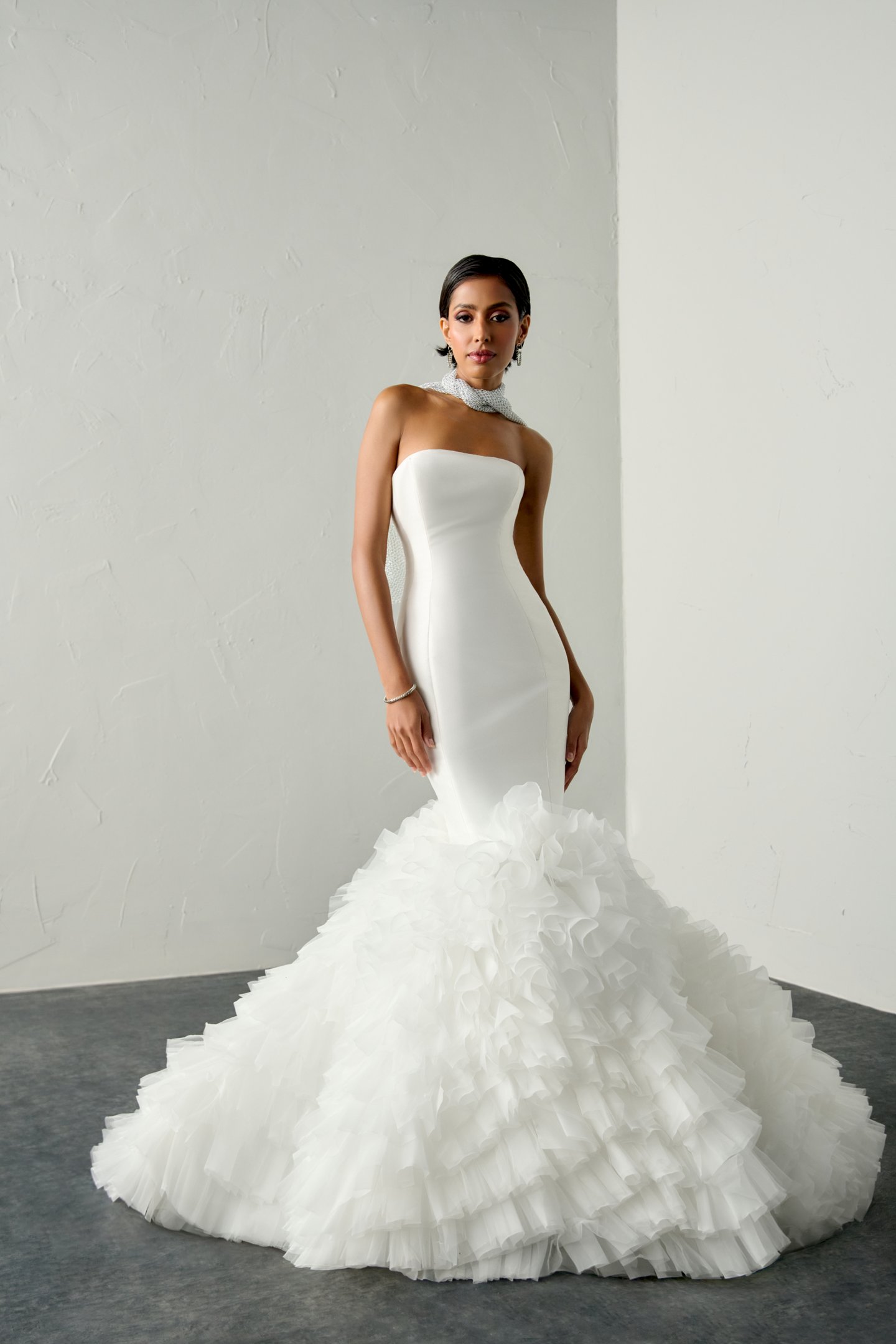 Justin Alexander Signature Style 99383 DARE Mermaid Gown with Mikado Bodice and Organza and Tulle Ruffled Skirt