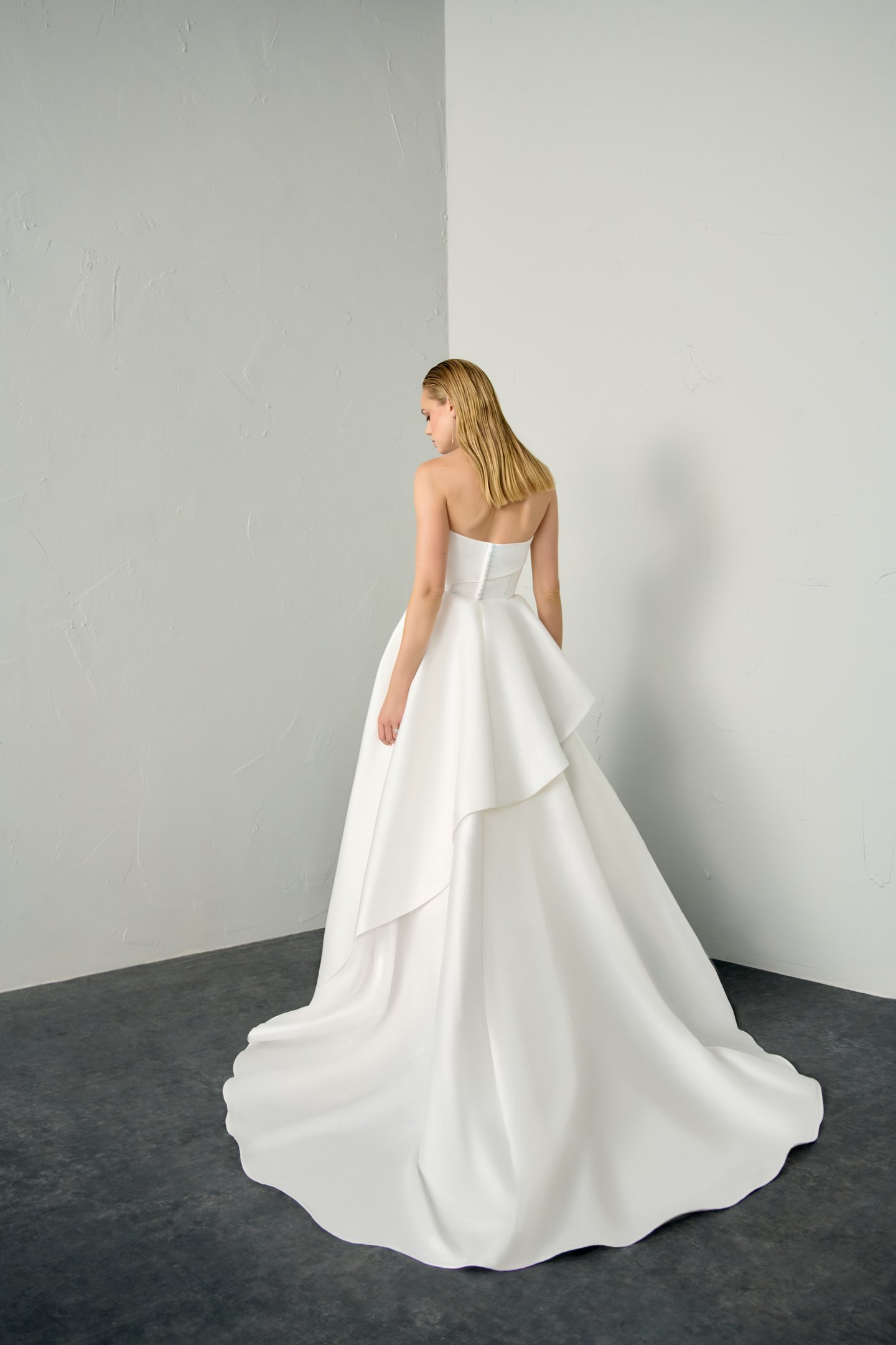 Justin Alexander Signature Style 99385 SWAN Strapless Mikado Ball Gown with Asymmetrical Ruffled Skirt