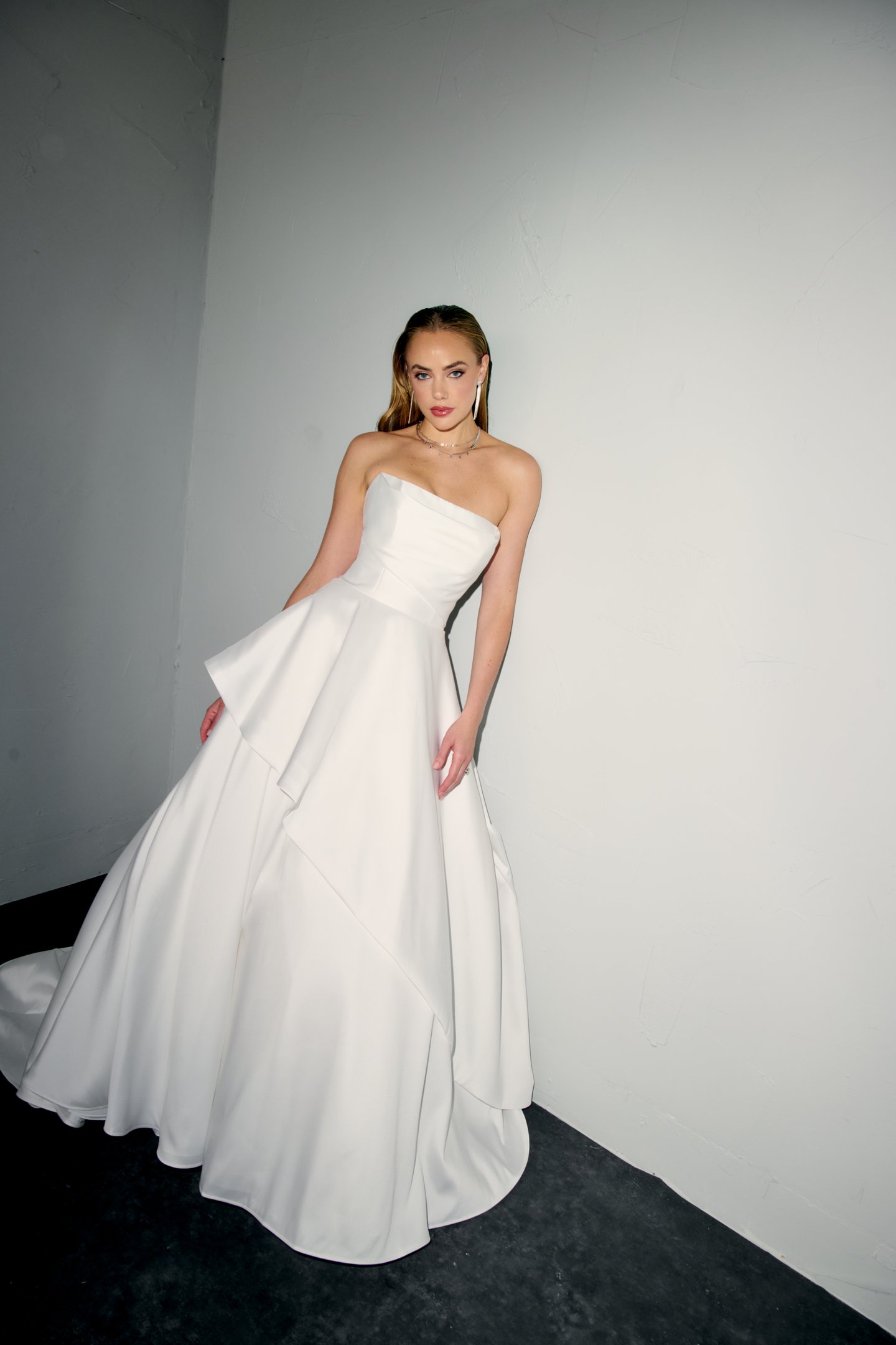 Justin Alexander Signature Style 99385 SWAN Strapless Mikado Ball Gown with Asymmetrical Ruffled Skirt