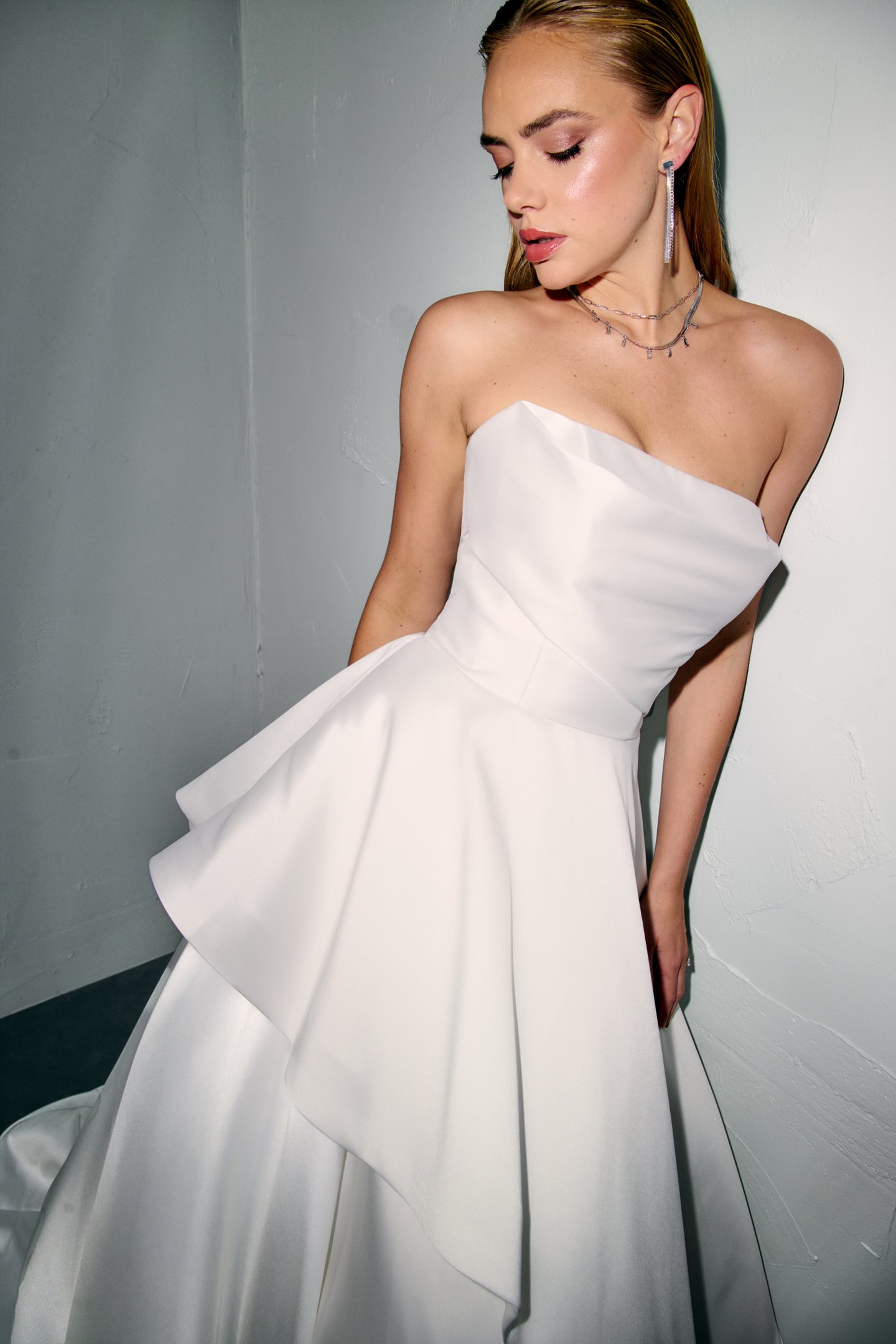 Justin Alexander Signature Style 99385 SWAN Strapless Mikado Ball Gown with Asymmetrical Ruffled Skirt