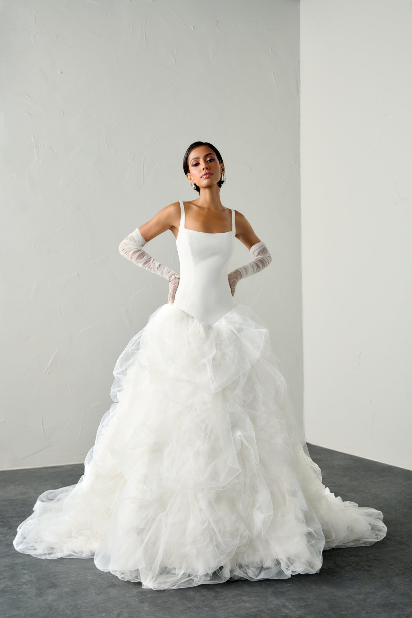 Justin Alexander Signature Style 99387 REIGN Satin Ballgown with Dropped Waist and Textured Tulle Skirt