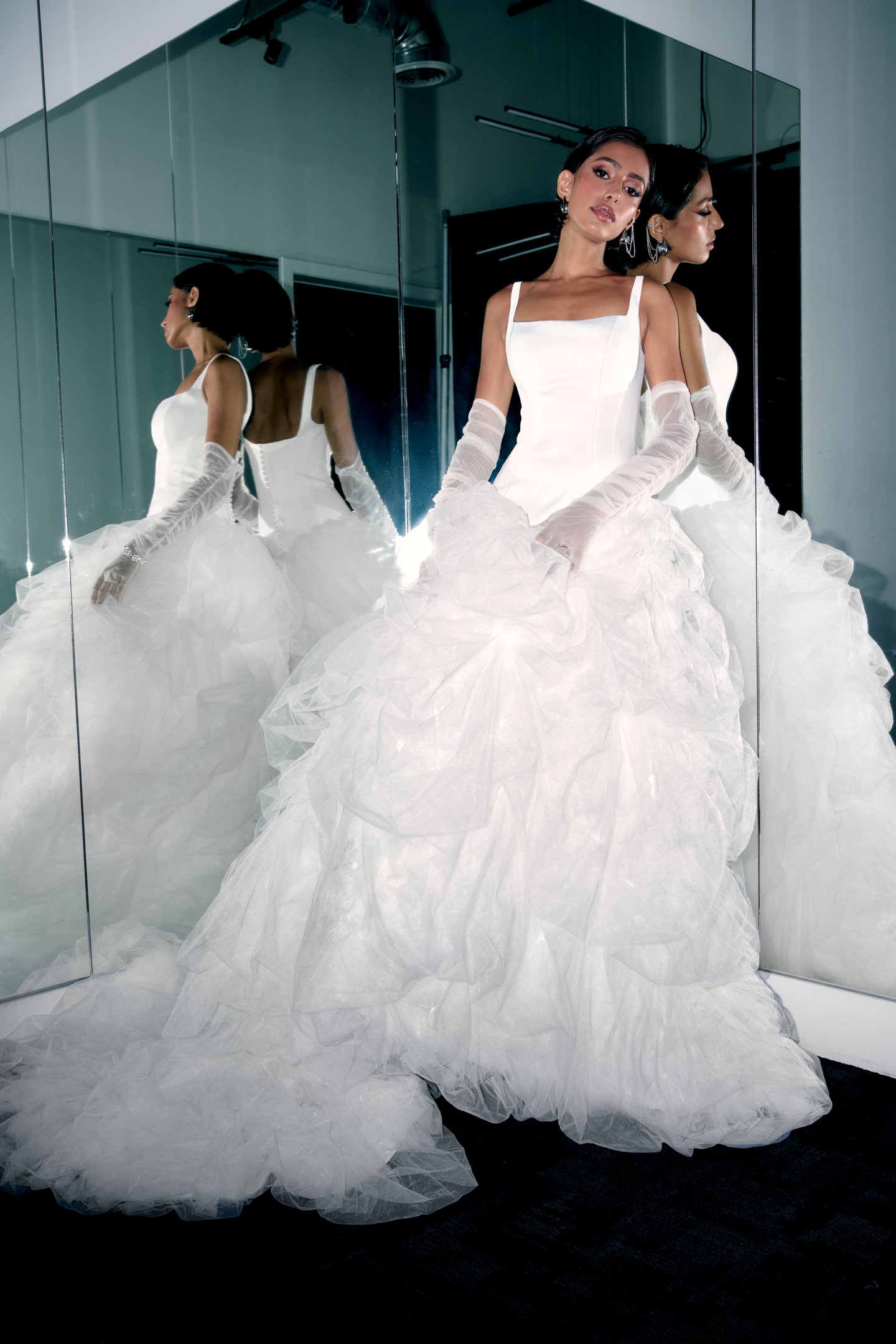 Justin Alexander Signature Style 99387 REIGN Satin Ballgown with Dropped Waist and Textured Tulle Skirt