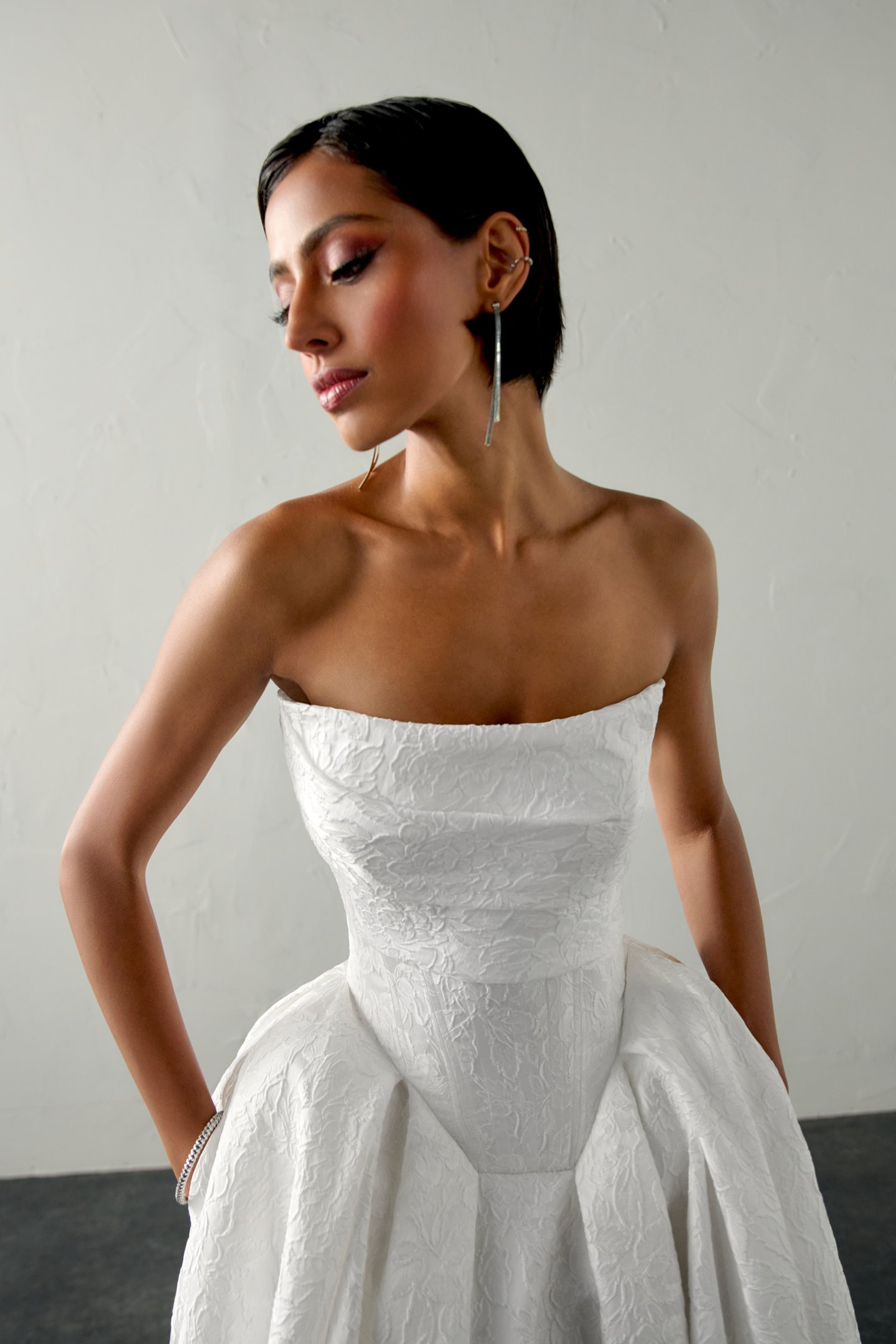 Justin Alexander Signature Style 99388 ROMELLE Floral Brocade Ball Gown with Squared Basque Waist and Waterfall Skirt