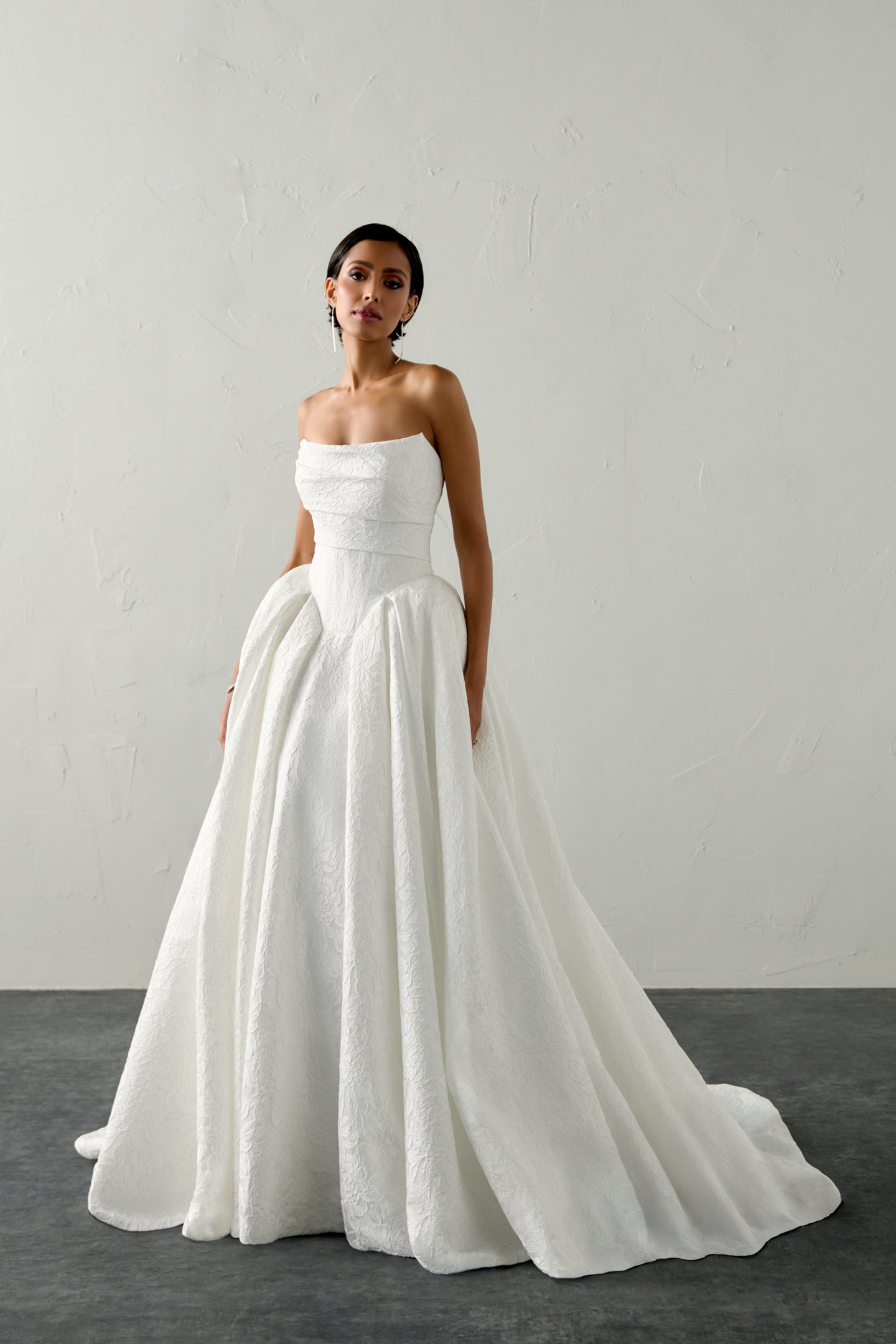 Justin Alexander Signature Style 99388 ROMELLE Floral Brocade Ball Gown with Squared Basque Waist and Waterfall Skirt