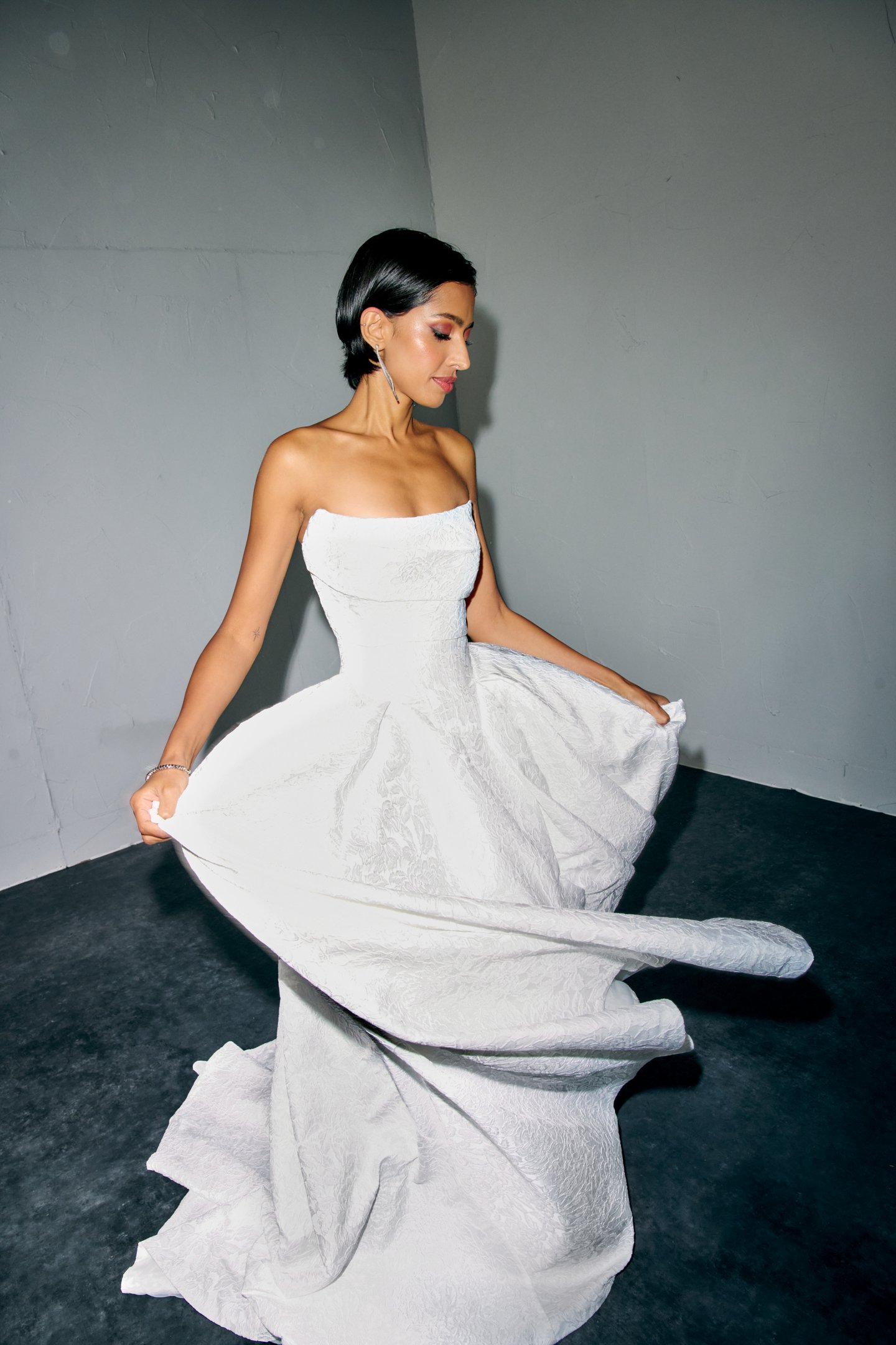 Justin Alexander Signature Style 99388 ROMELLE Floral Brocade Ball Gown with Squared Basque Waist and Waterfall Skirt